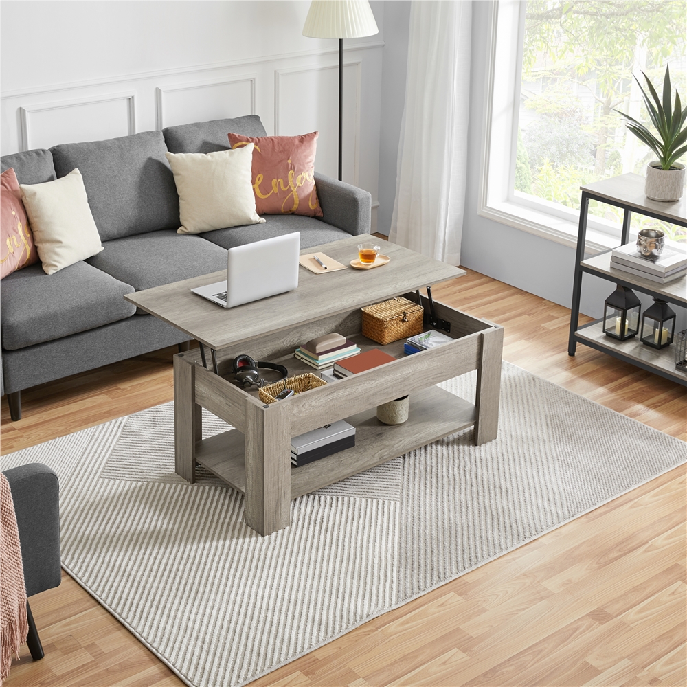 E-shop Costoffs Kaffeetisch mit Hebeplatte Höhenverstellbarer Couchtisch Sofatisch mit Verstecktem Stauraum fürs Wohnzimmer/Büro