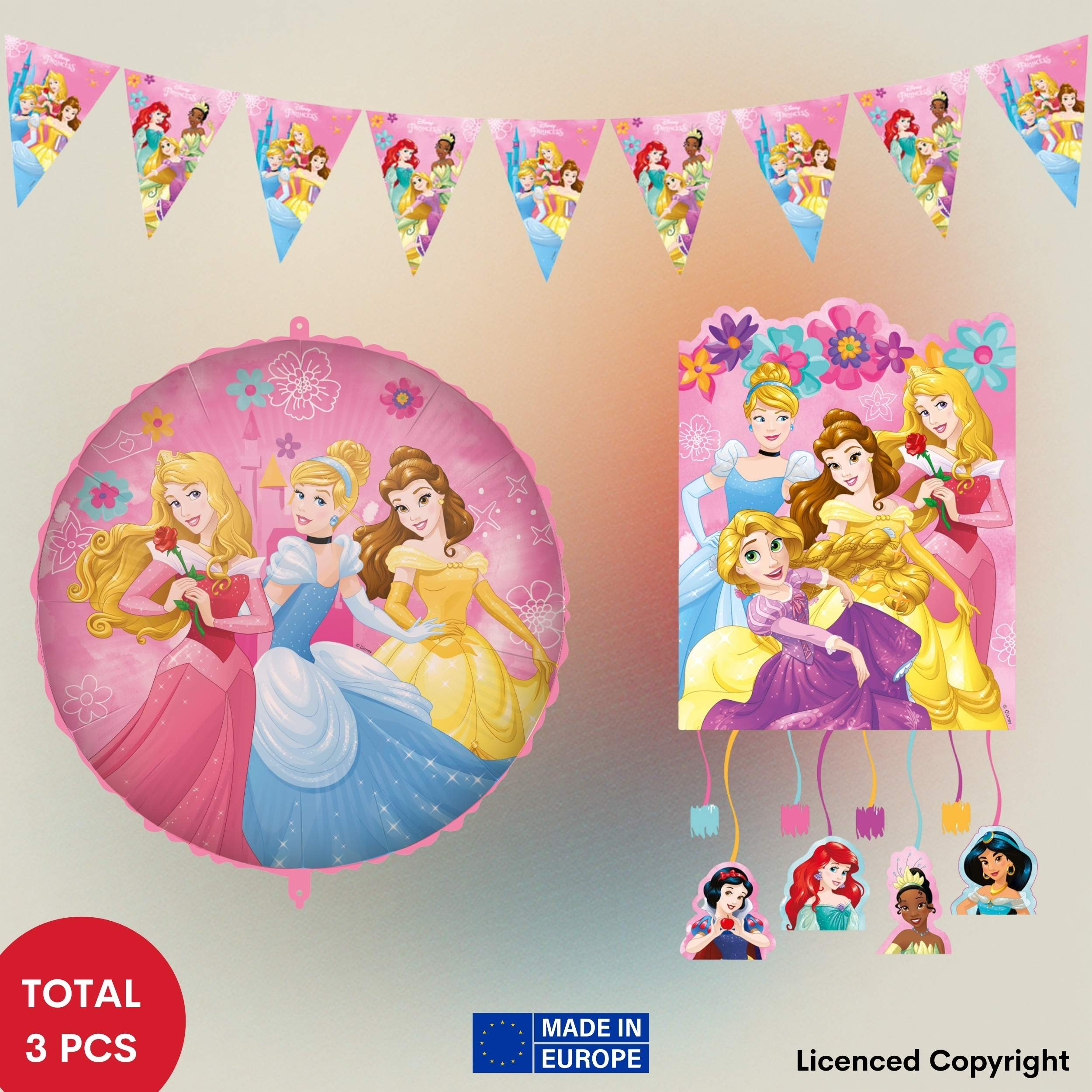 Image of 3pcs. Princess Live Party Set With Piñata - . Paper Pennant Banner, Foil Balloon (46 Cm) With Accessories (stick, String, Tab & Weight) And Colorful Piñata - Perfect Decoration For Princess Birthdays!