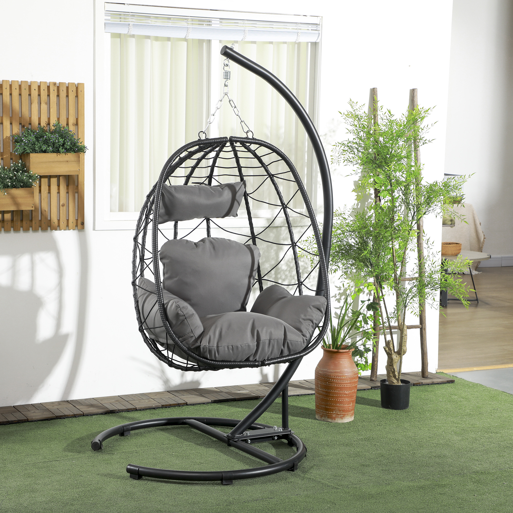 Image of Outsunny Hanging Rattan Swing Chair 195 Cm Height Swing Basket Indoor Outdoor . Frame, Cushion, Waterproof Cover, For Terrace, To 150 Kg, Dark Grey