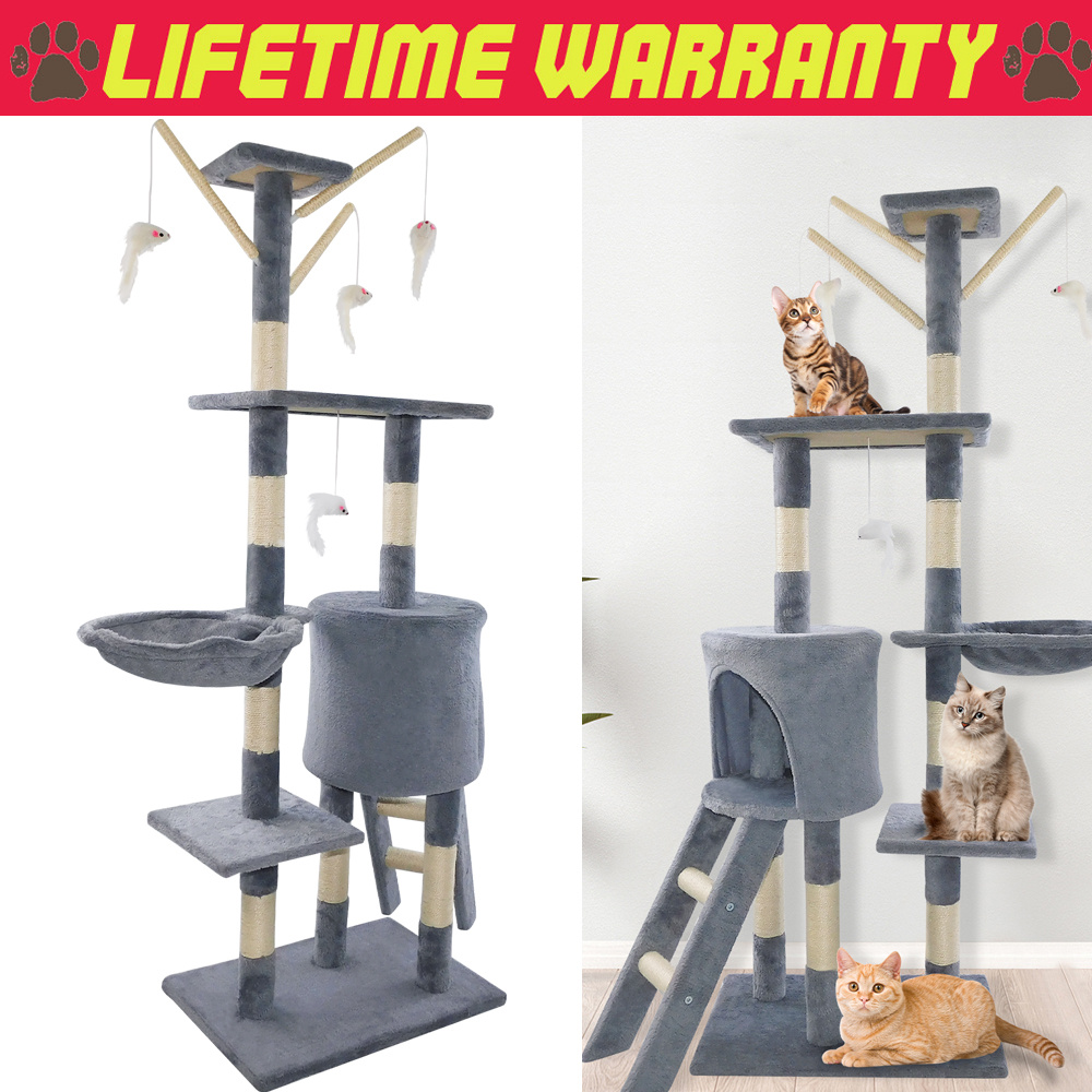 E-shop Kratzbaum Katzen, 143 cm hoch, Katzenbaum, mehrstöckiges Katzenhaus, mit 4 Kratzsäulen, 2 Plattformen, Hängematte, Höhle, hellgrau
