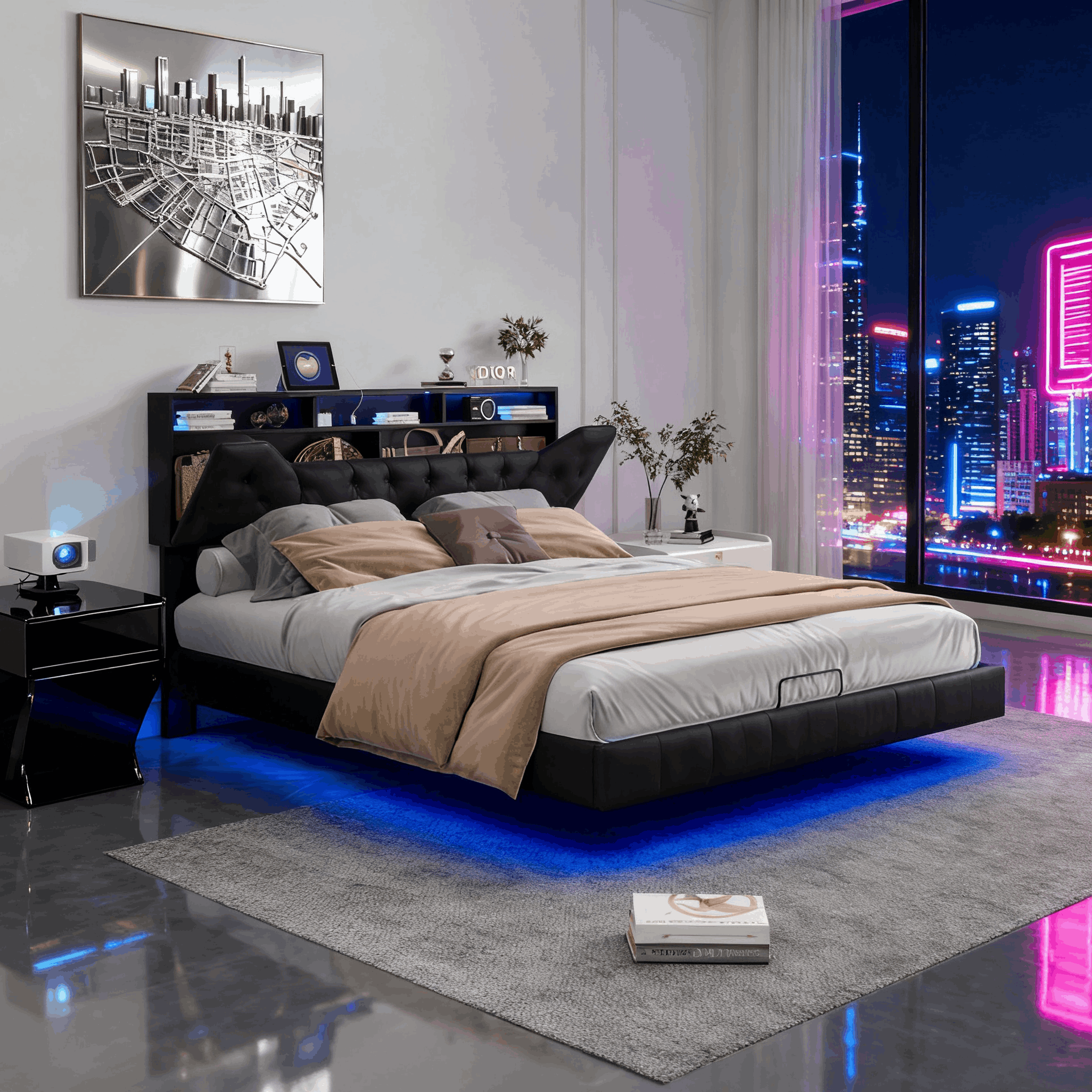 Storage Bed 160 X 200 Cm With Led And Usb Type-c Ports, Double Padded Bed With Storage Headboard, Double Bed With Slatted Base, Suitable For Adults (160 X 200 Cm) [mattress Not Included].