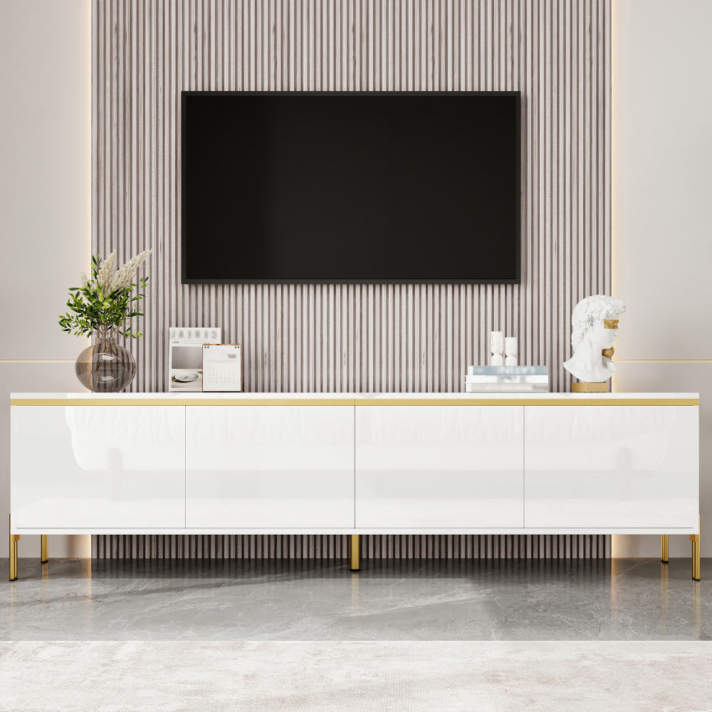 Image of Media Cabinet In , High-gloss, Golden Details – , Cable Outlets, Easy To Clean, For Living Room