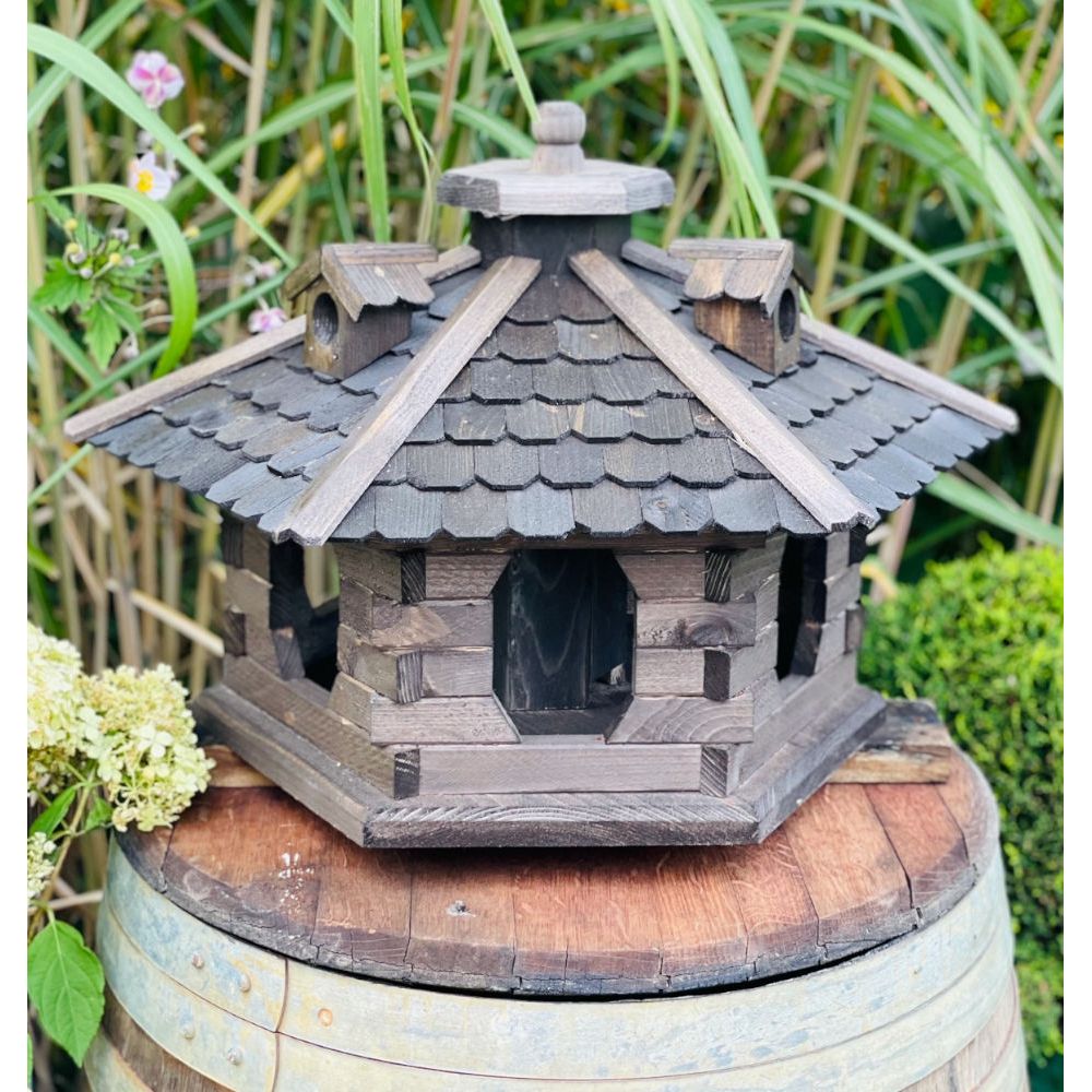 Image of Bird Feeder House Xl Hexagonal Birdhouse Made Of Wood Dark Brown - Black Feeding Station Weatherproof Bird Feeder House