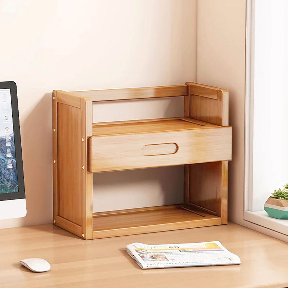 TEMU 2-layer Office Organizer, Premium Bamboo Office Bookshelf, Slim Profile Bookcase With Hidden Drawer, Modern Natural Storage For Professional ,