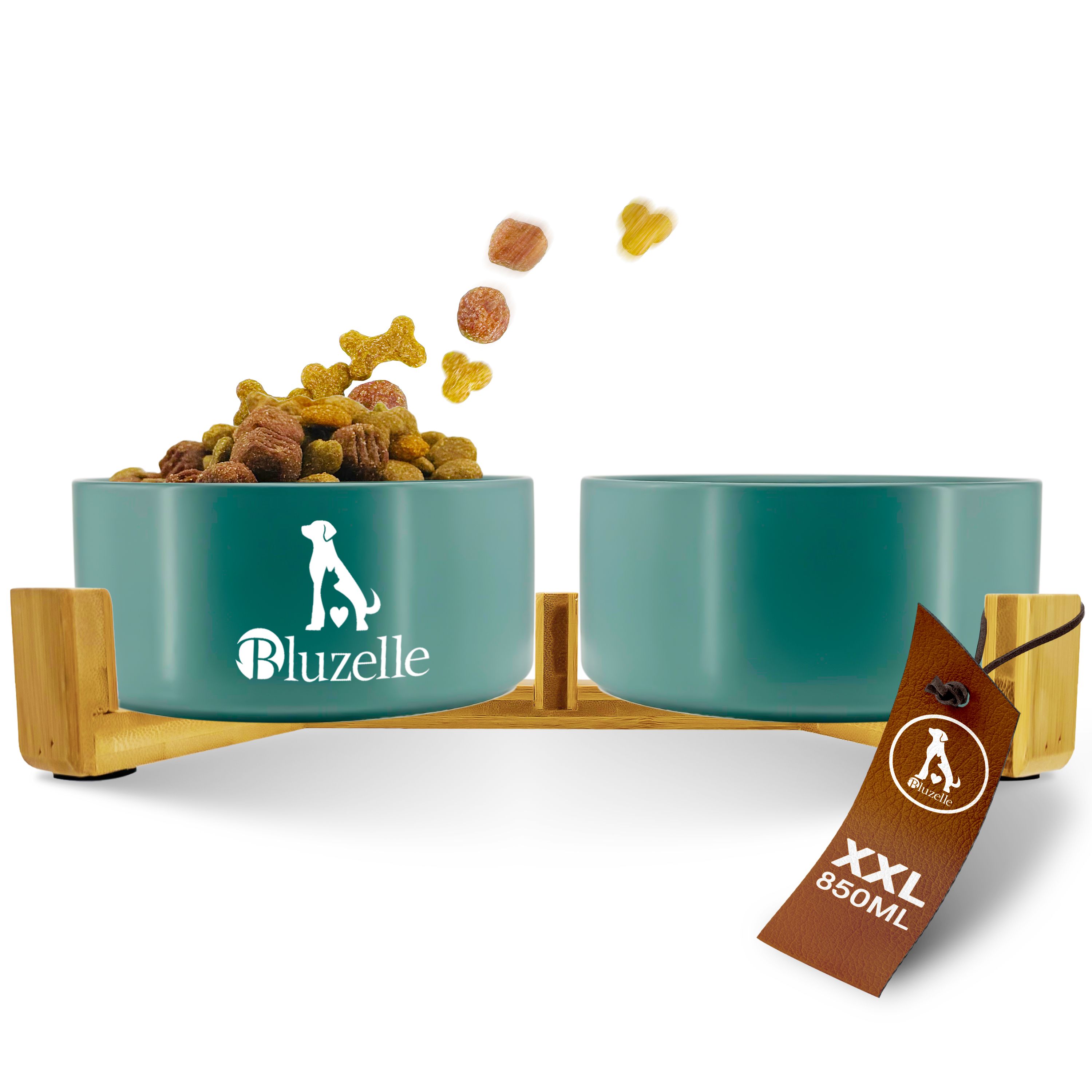Image of Bluzelle Elevated Dog Bowl Set, 2x 850ml – 2-in-1 Ceramic With Bamboo Wood Stand – Balance Bowl (xxl) – Non-slip Feeding Station For – Brand From Berlin