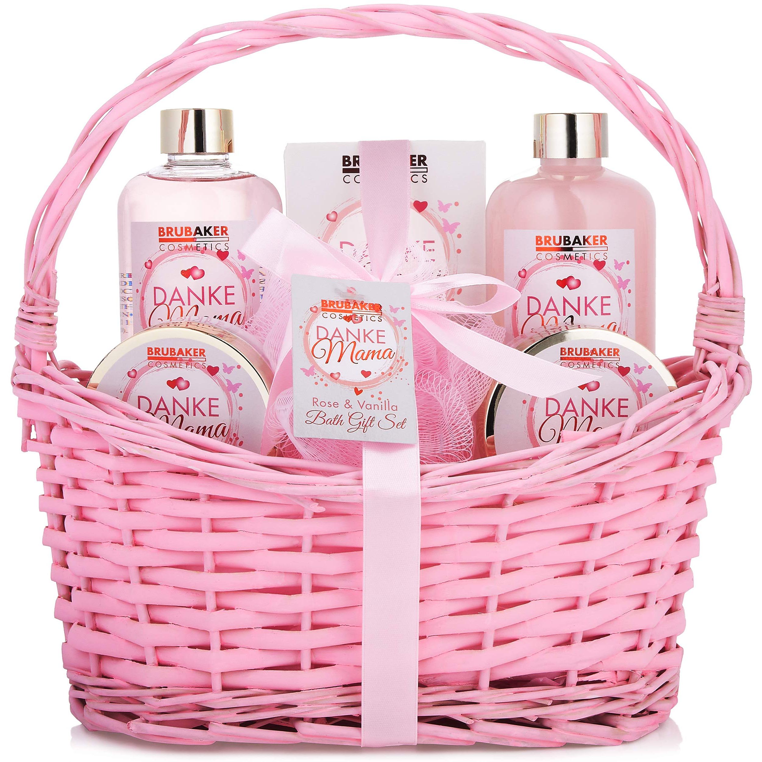 TEMU BRUBAKER Cosmetics - - 7-teiliges Bade- und Dusch Set mit Rosen Vanille Duft - Geschenkset in Vintage Korb Pink Rosa - Beauty Geschenk für die
