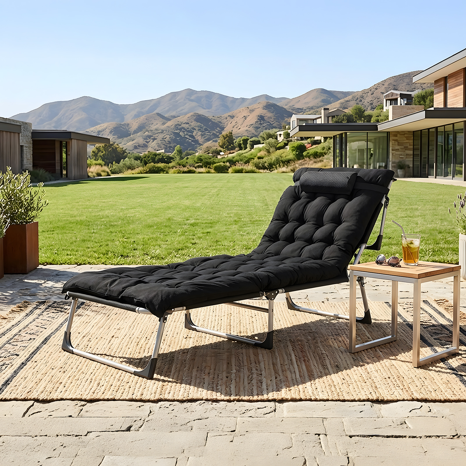 Black Portable Folding Camping Bed with Adjustable Backrest