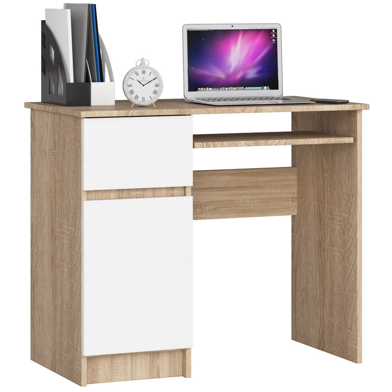 Image of Akord Computer Desk, 90 Cm, Left-handed Design, 1 Door, 1 Drawer, 3 Shelves, 90x50x77 Cm