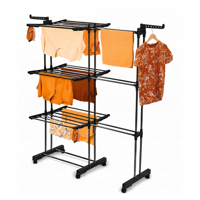 Image of Foldable Telescopic Clothes Dryer On Wheels Black 3 Tiers Large Capacity For Clothes Shoes Hangers Stainless Steel Mobile For Home Apartment Balcony Laundry 176 Cm Adjustable Width Space
