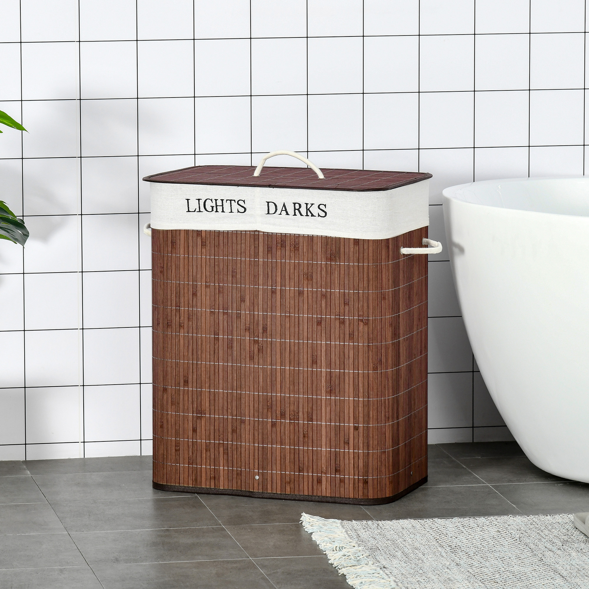 100l Laundry Basket Laundry Collector With 3 Handles, Washable Laundry Bag, Removable, Bamboo Polyester Cotton Metal, Brown+white, 52 X 32 Cm
