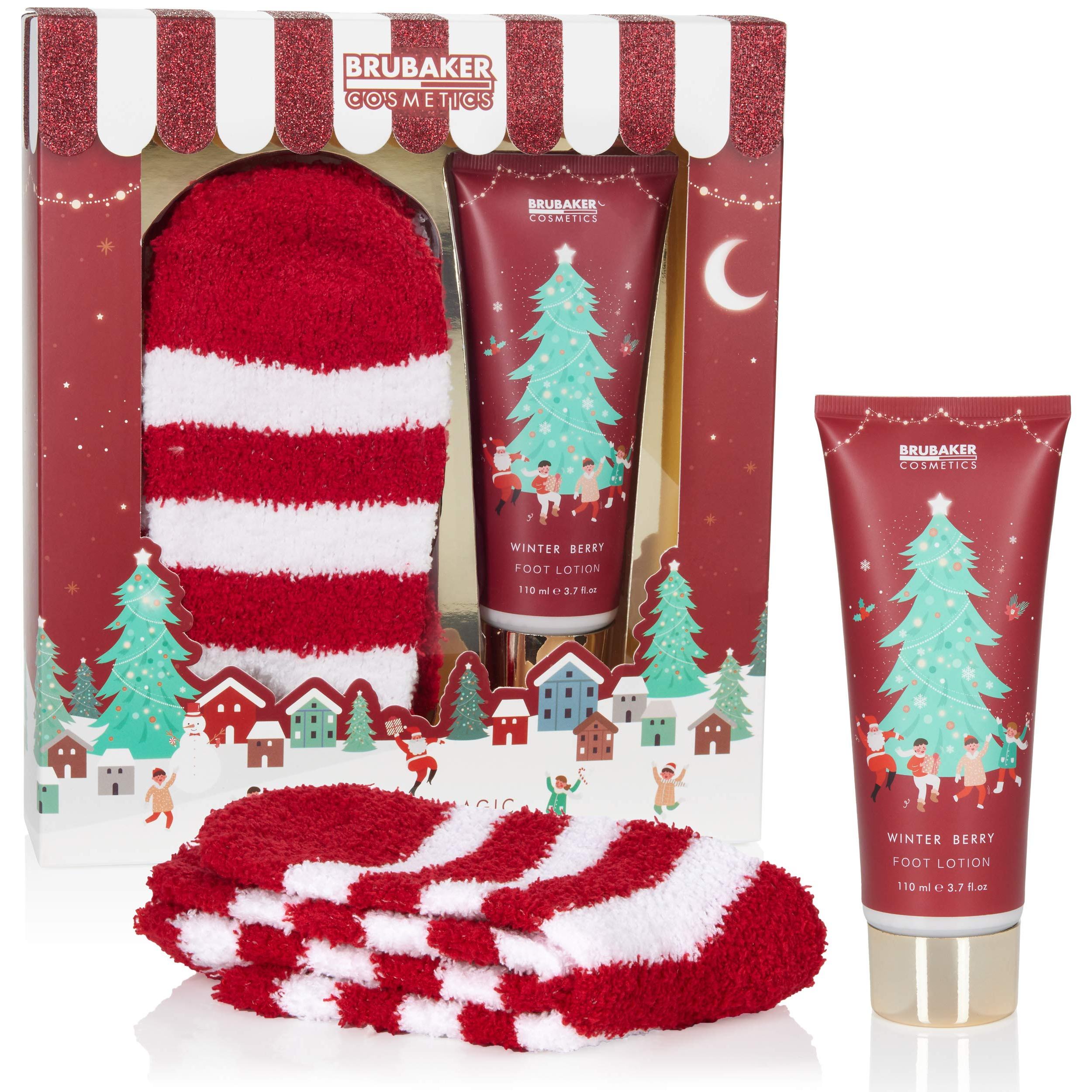 Image of Brubaker Cosmetics Christmas Gift Set Winter Berries Scent - Plush Socks With 110 Ml Foot Lotion - Foot Care Christmas Set For Women And Men