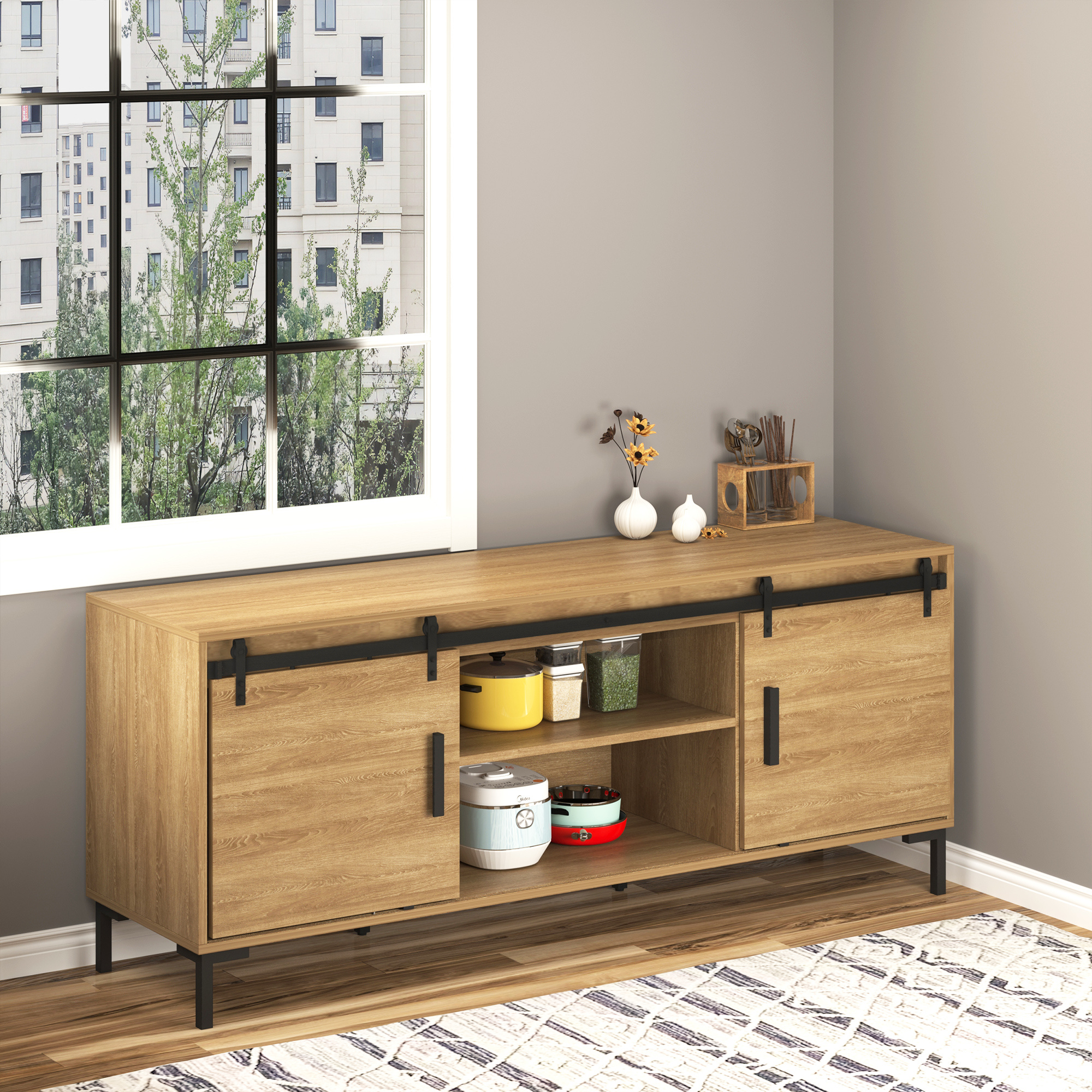 Image of Sliding Sliding Rail Sliding Door Hardware For Double Wooden Doors Accessories Carbon Steel Black 200 X 0.6 Cm
