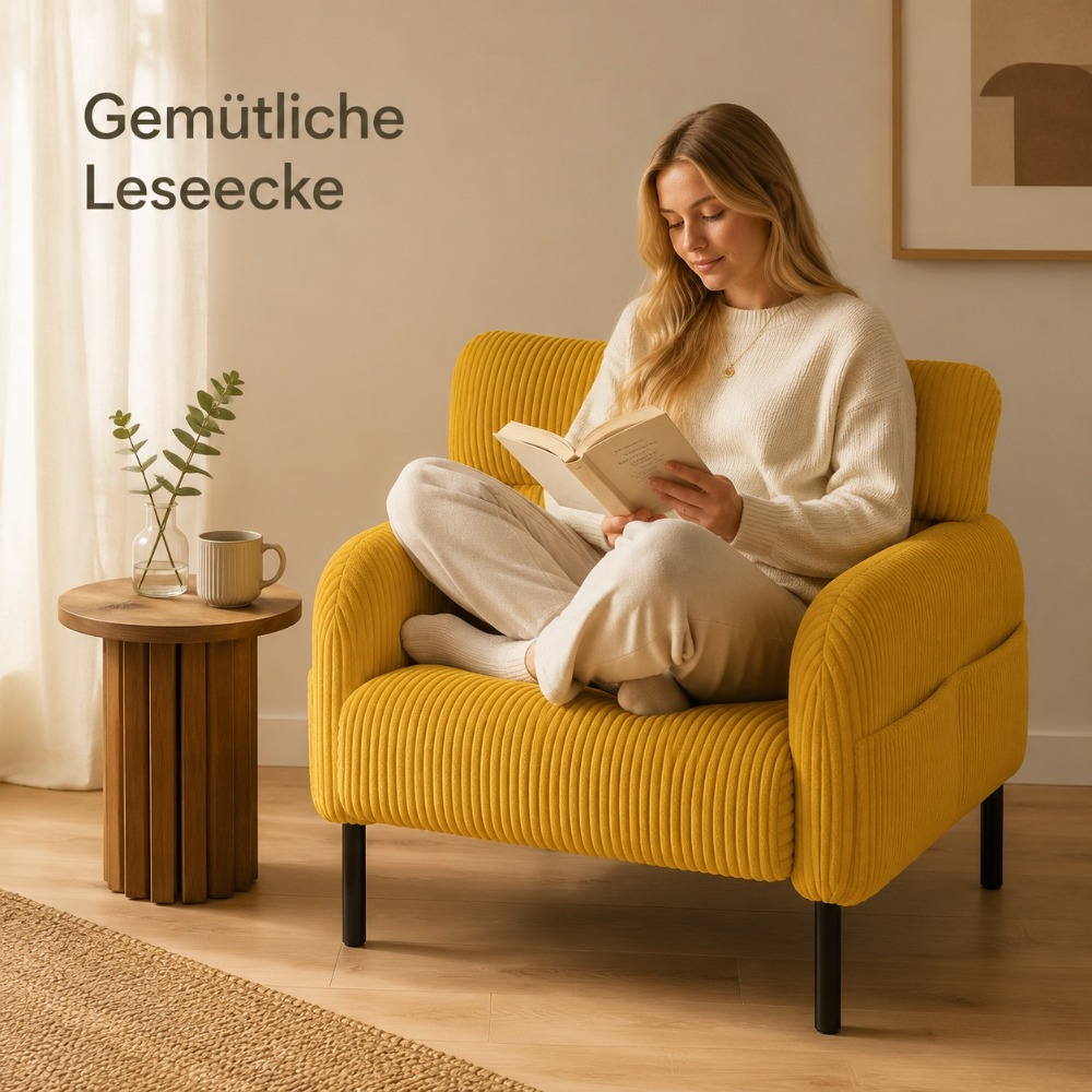 Image of Comfortable Reading Chair With Breathable, Skin-friendly Corduroy Cover, Practical Side Storage For Remote, Smartphone, Books, Daily Home Use, 67x75x79cm