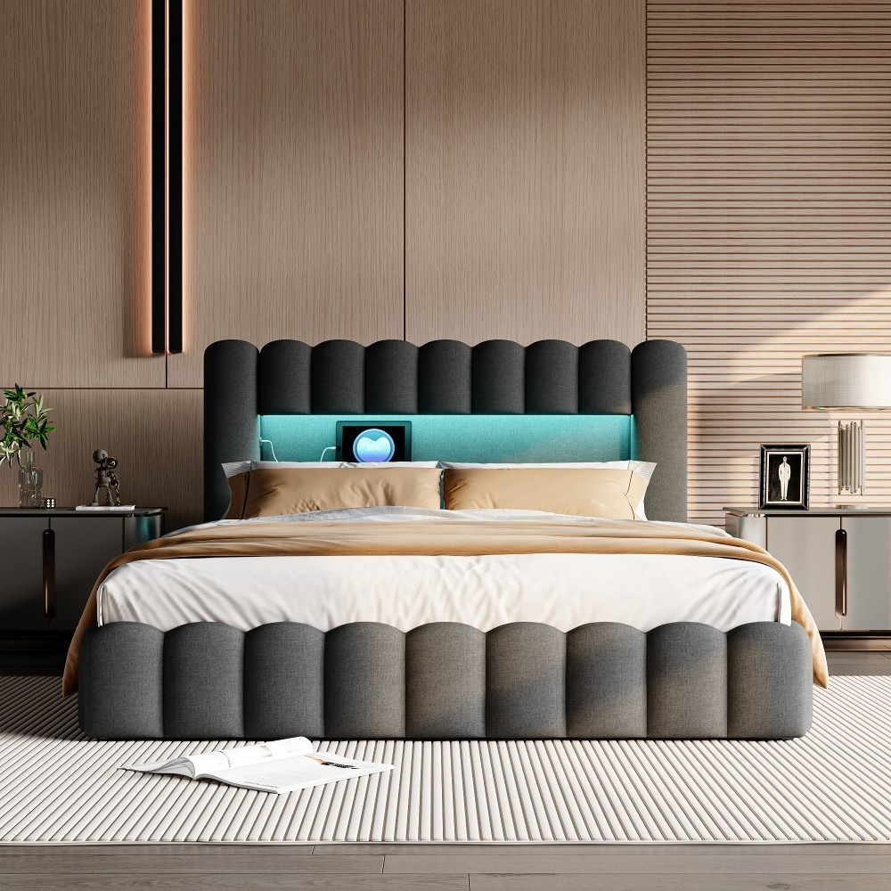 Image of Box Spring Bed Frame, Upholstered Double Bed With Led Headboard, Usb Charging, Storage, And Slatted Base, Tuvw Certified, 160 X 200 Cm, Mattress Not Included