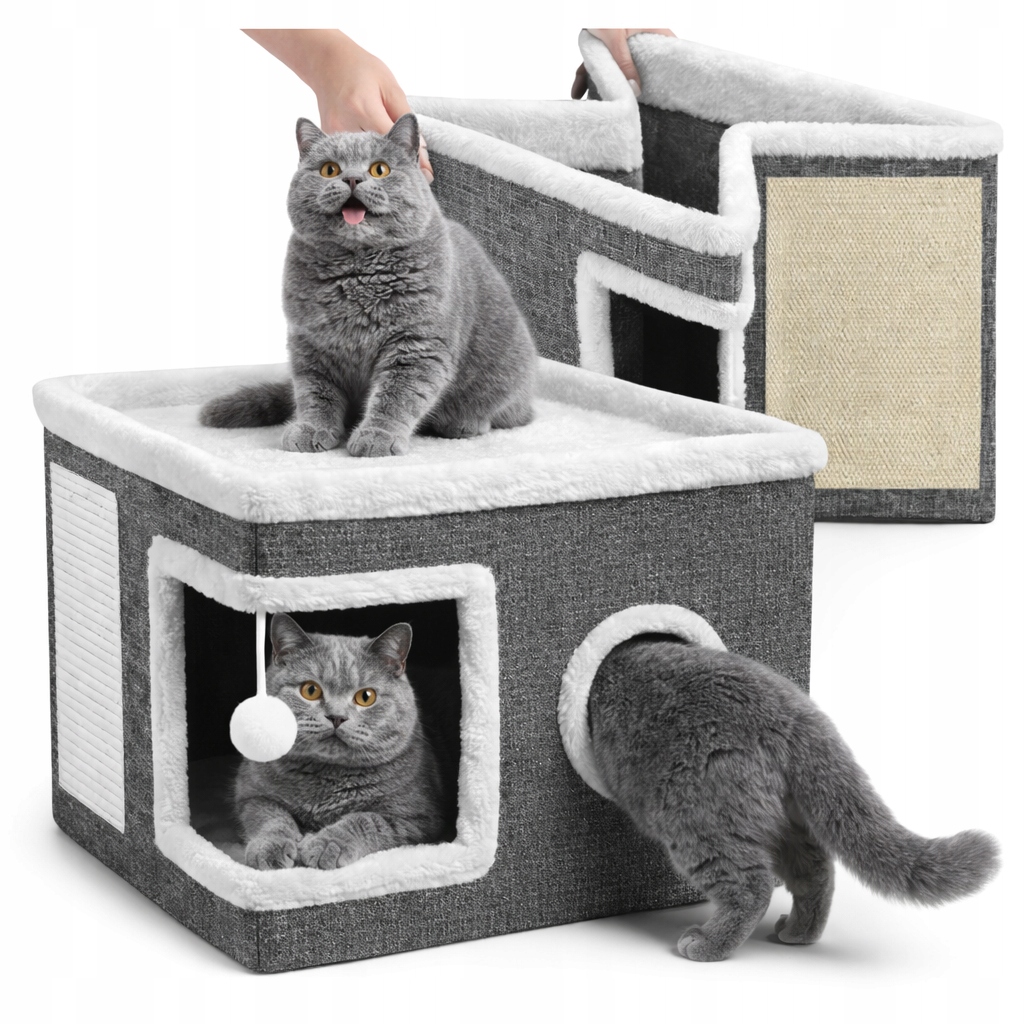 House For Cat Foldable Gray Playground Cat Plush Sisal Compact For Kitten With Ball For Play Comfortable To Sleep And Relax Protects Furniture From Destruction For Small And Medium Sized Cats