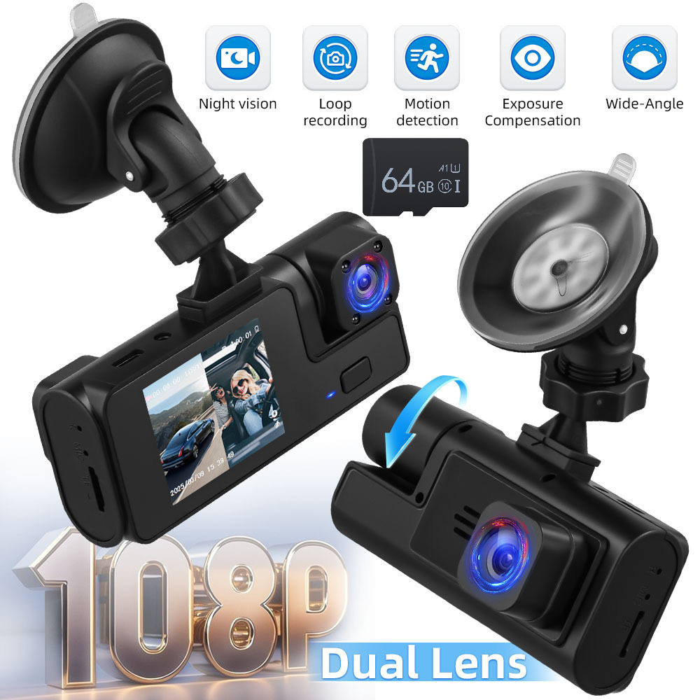 Dual Recording Dash Cam 1080p Front & 480p Rear Camera 2" Ips Touch Screen 150° 25fps Loop Recording Motion Detection Night Vision 64gb Max Support For All Car Models European Version With 64gb Card