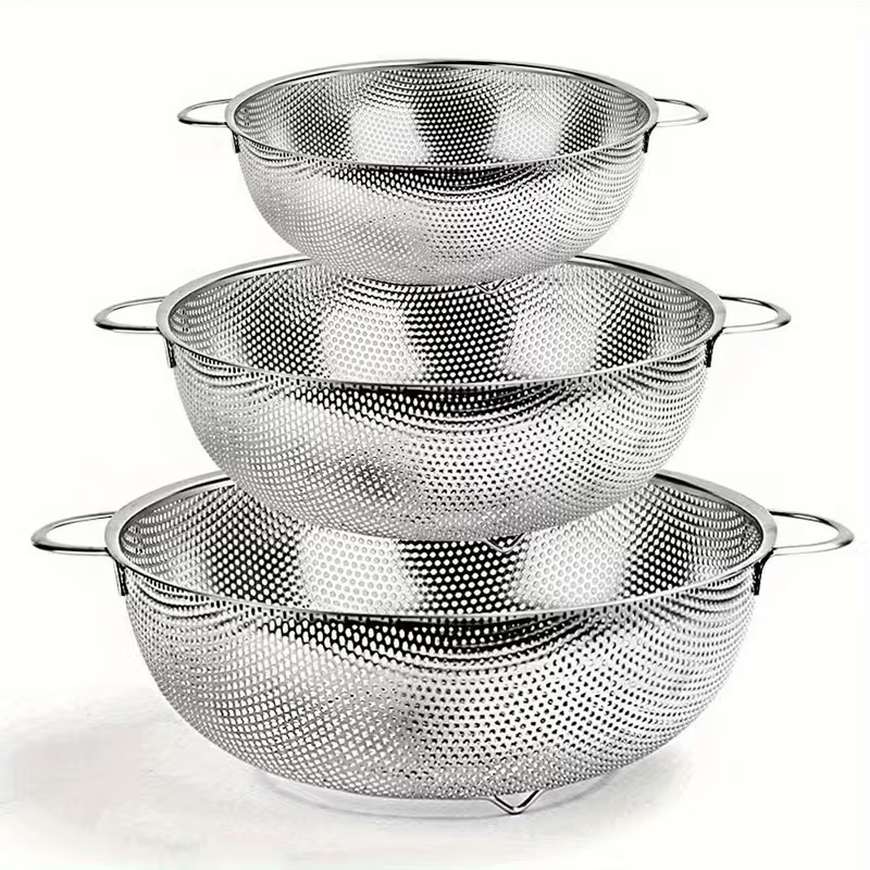 TEMU 3pcs Stainless Steel Colander Set - Kitchen Strainers With Turbo Drain Holes & Grip Handles | Perfect For Pasta, Vegetables, Rice & Fruits |