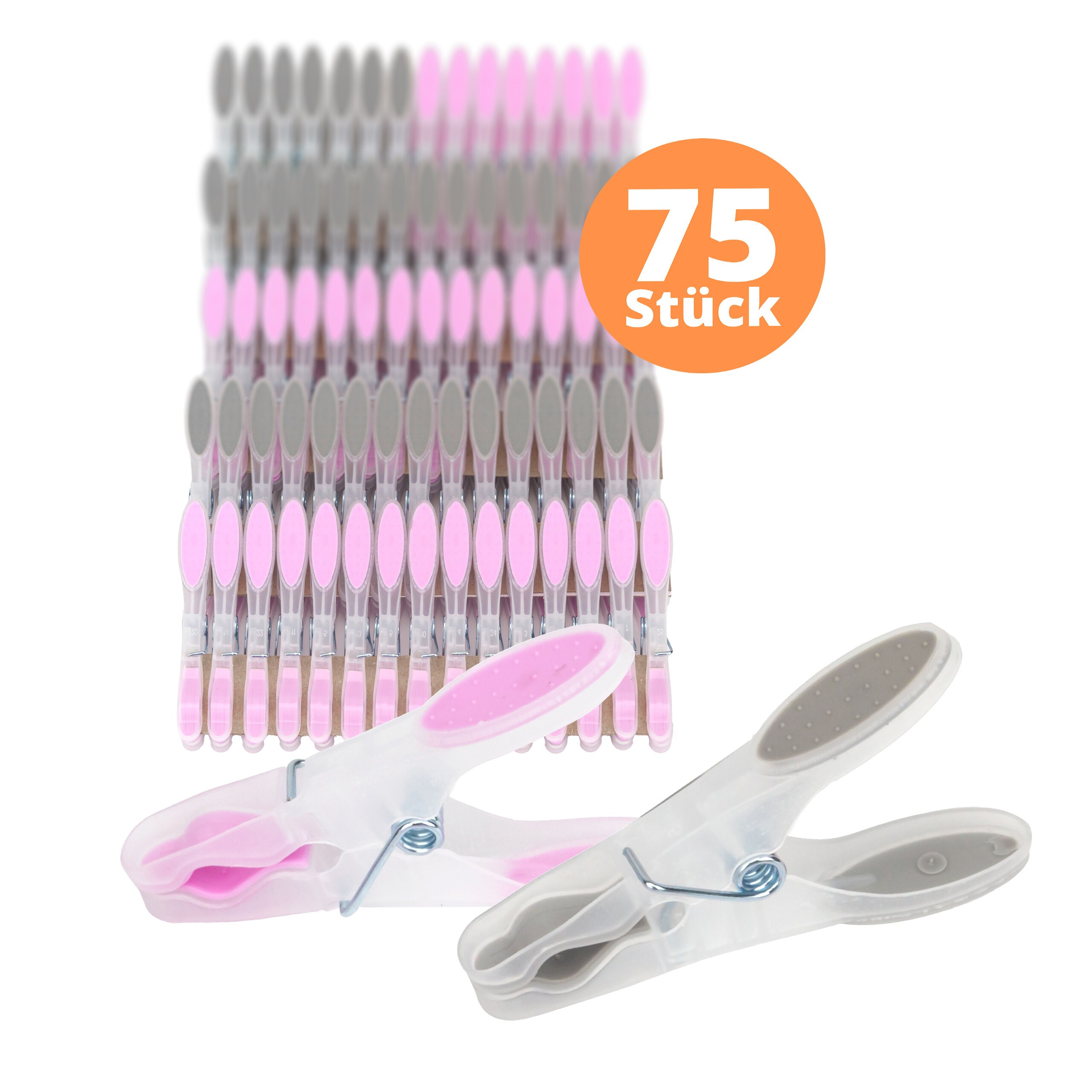 TEMU Clothes Pegs , 75pcs Set, 8..5 Cm, Plastic With Rubber And Stainless Metal Spring, Grey Pink Transparent, For Clothesline, Clothing, Towels And
