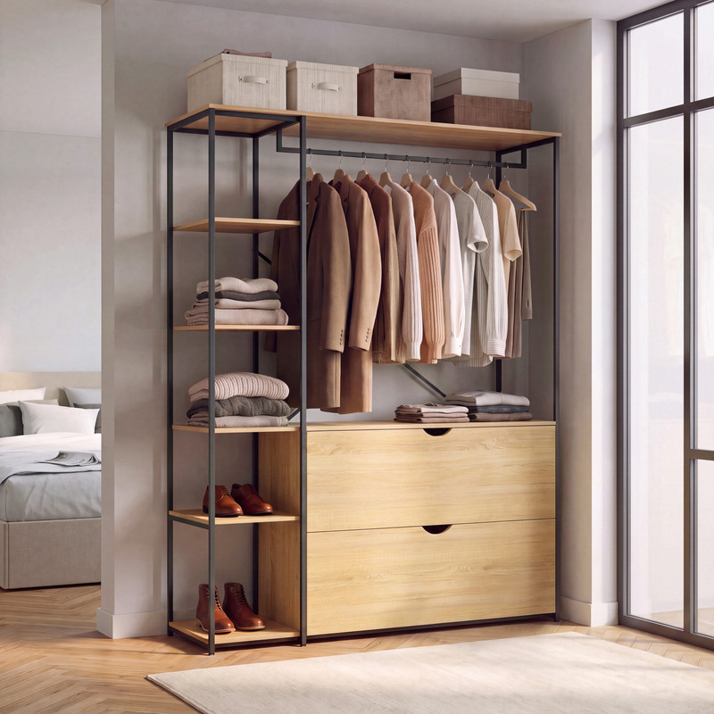 TEMU Dressing penderie étagères L. 113 cm DETROIT 2 tiroirs design industriel