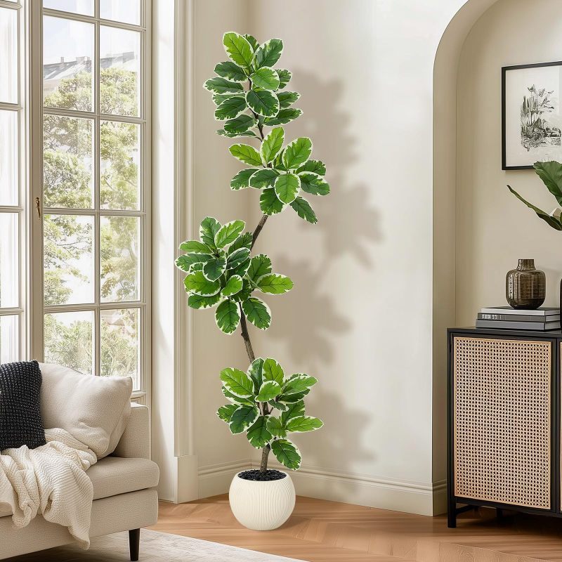Image of Garvee Fiddle Leaf Artificial Indoor, Faux Floor Plant, 6ft Tall Fake Plant With Planter And Pebbles, Artificial Trees For Home Decor Indoor, Tall Fake Tree For Housewarming