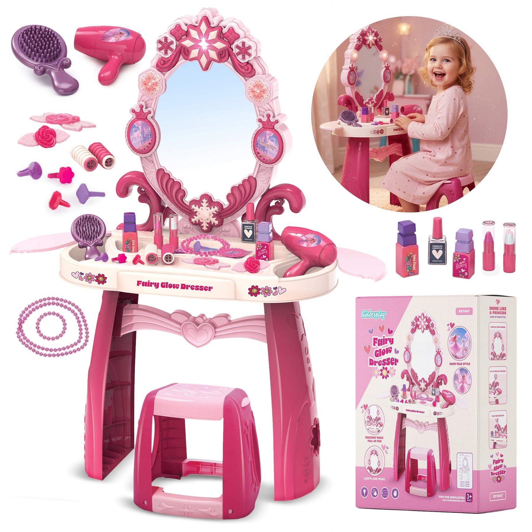 Interactive Makeup Table For Kids With Stool And Accessories In Pink