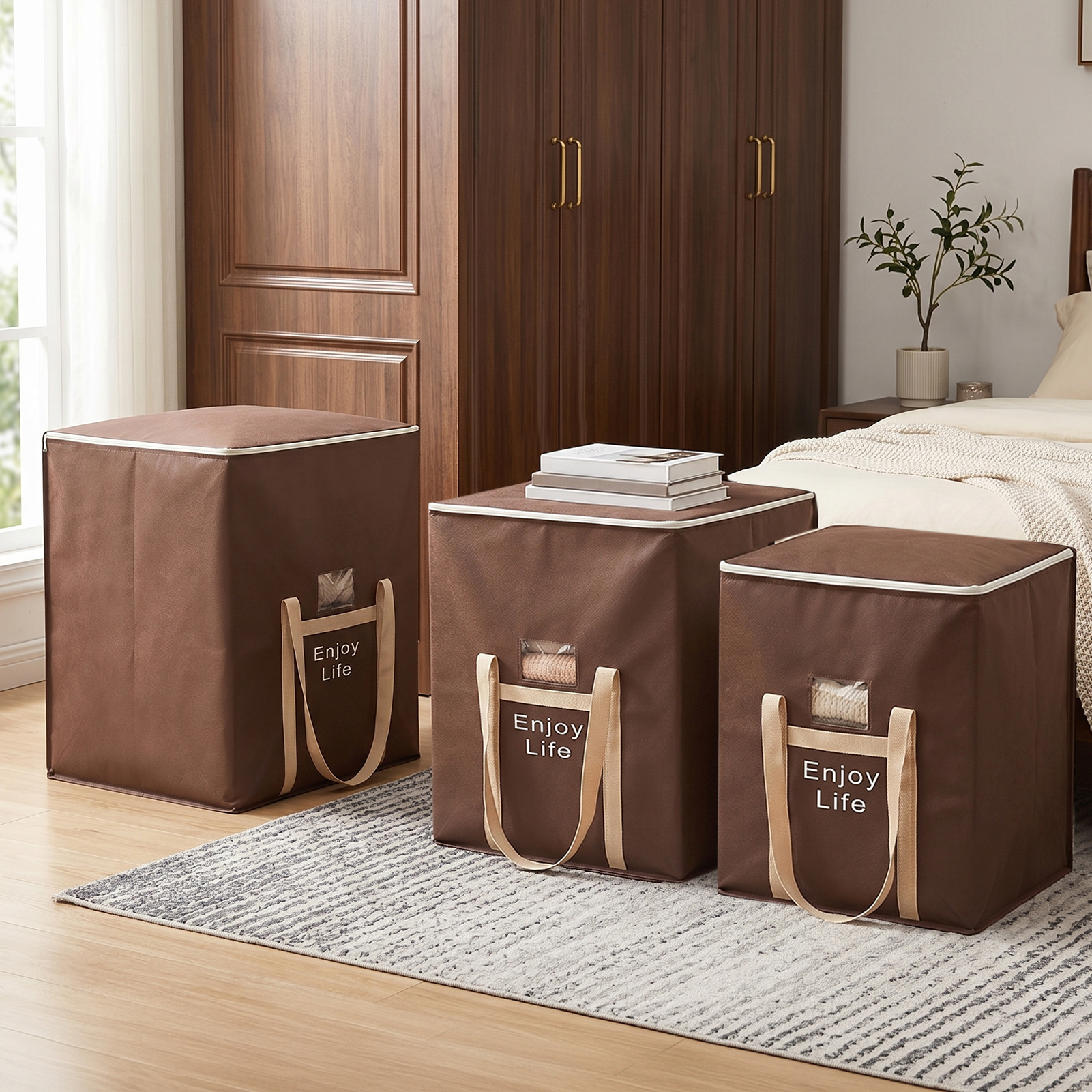 3pcs Stackable Closet Storage Box with Two-Way Zipper and Dual Side Handle