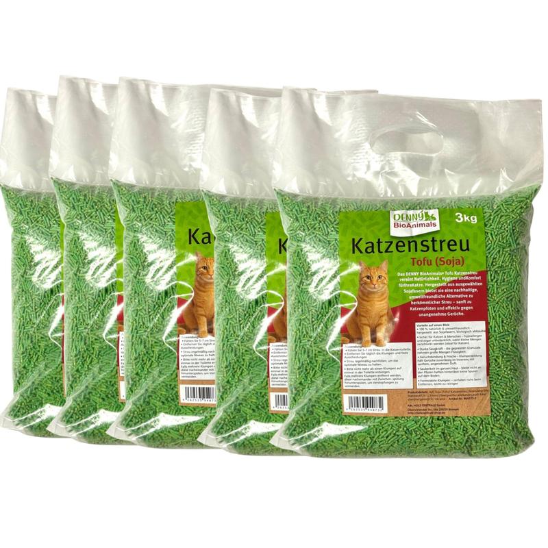TEMU Bioanimals Tofu (soy) Cat Litter 15 Kg (5 Bags Of 3 Kg Each), 40 L - Natural & - Absorbent, Clumping, Dust-free & Odor-neutral - Cat Litter Made