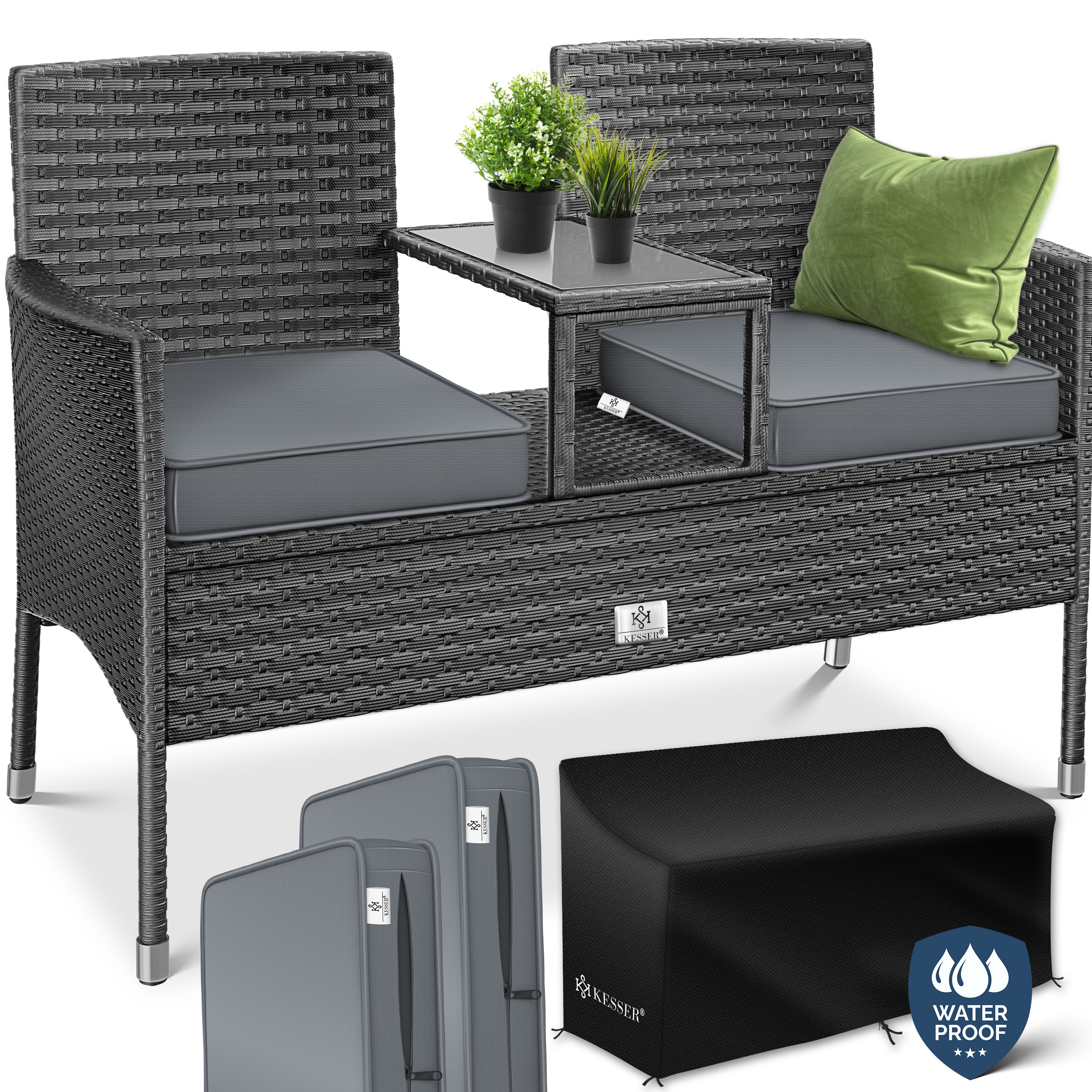 Kesser® Poly Bench 2-seater 133x55x84cm, Weather-resistant, Incl. Table & Cushion