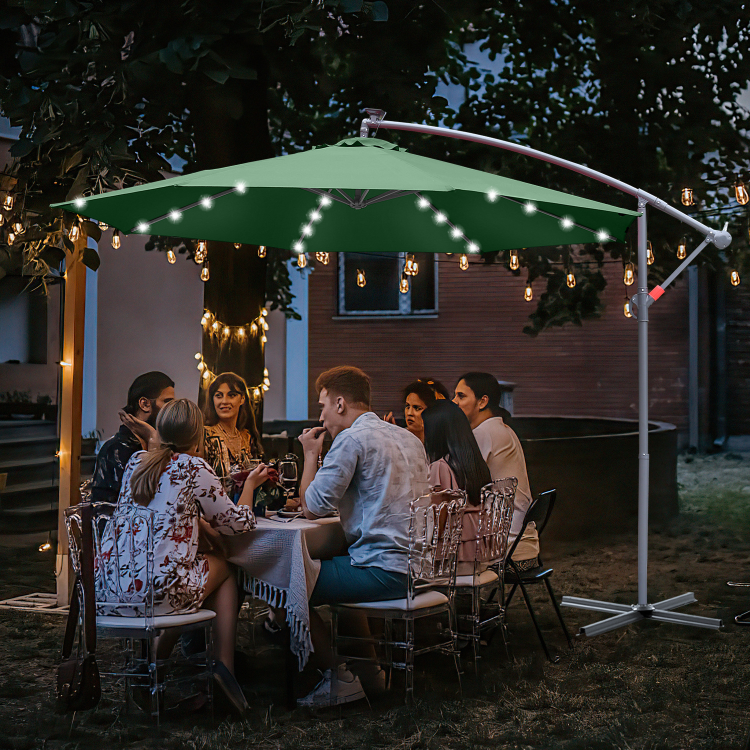 Parasol, parasol cantilever, avec support et lumière, protection solaire, protection UV jusqu'à UV30+, ouverture et fermeture faciles, pour jardin, terrasse, 300 cm