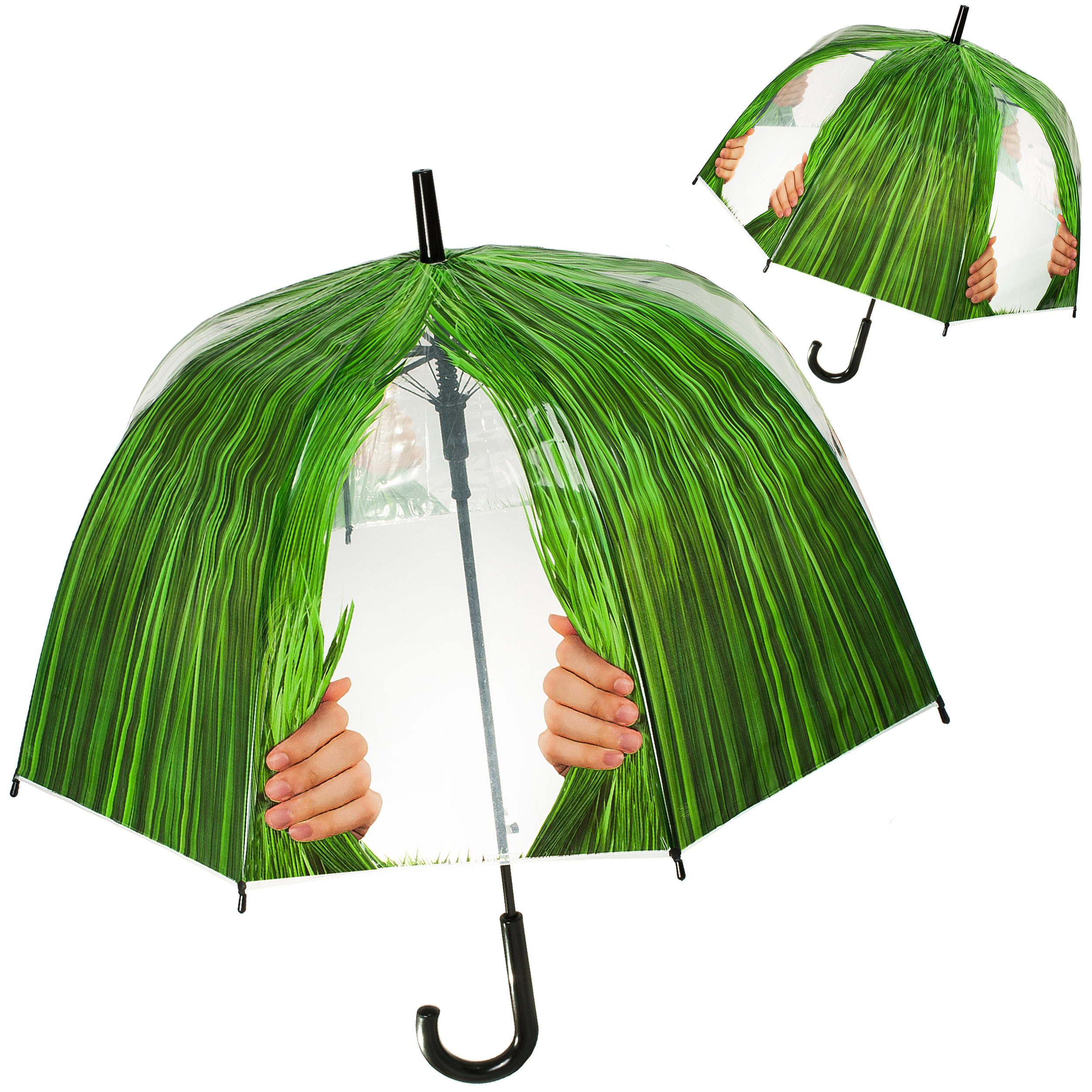 Image of Automatic - Large Umbrella - Green Grass / - With Peephole - Ø 82 Cm - For Adults & Children - Transparent & Translucent - Transparent - Auto...