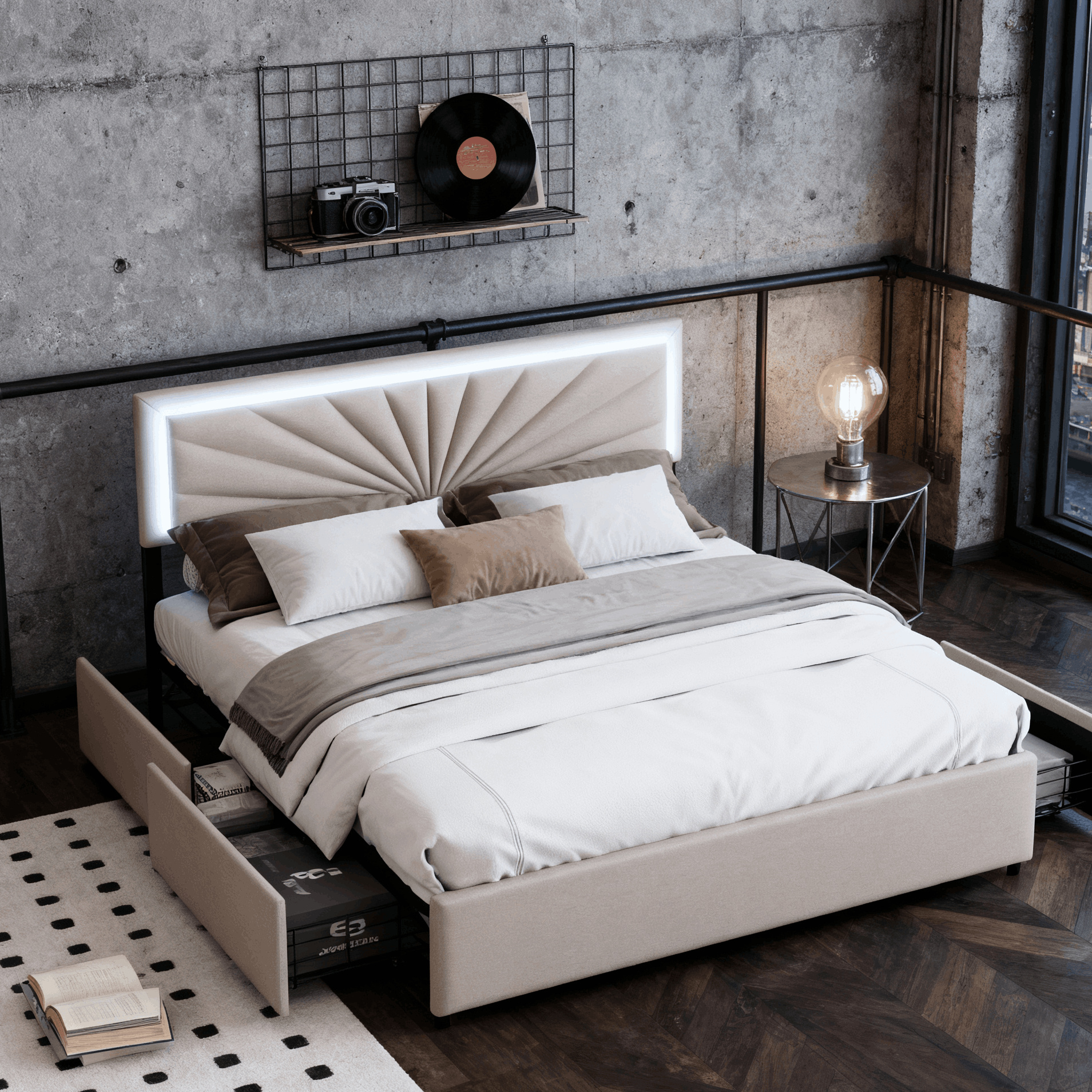 Upholstered Bed 160 X 200 Cm With Led Lighting, Functional Bed, With 4 Large Drawers, Mattress Not Included, Double Bed Frame, Bed For Teenager, Beige.