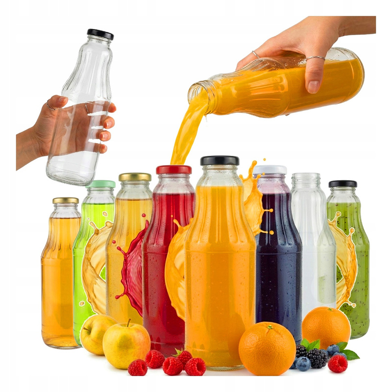 Image of 25 Glass Bottles Fruit 1l 1000ml With Fi43 Caps For Juices, Syrups, Smoothies, Milk, Water, Drinks, Bottle For Home Canning, , Liqueurs, Concentrates And Liquid Storage.