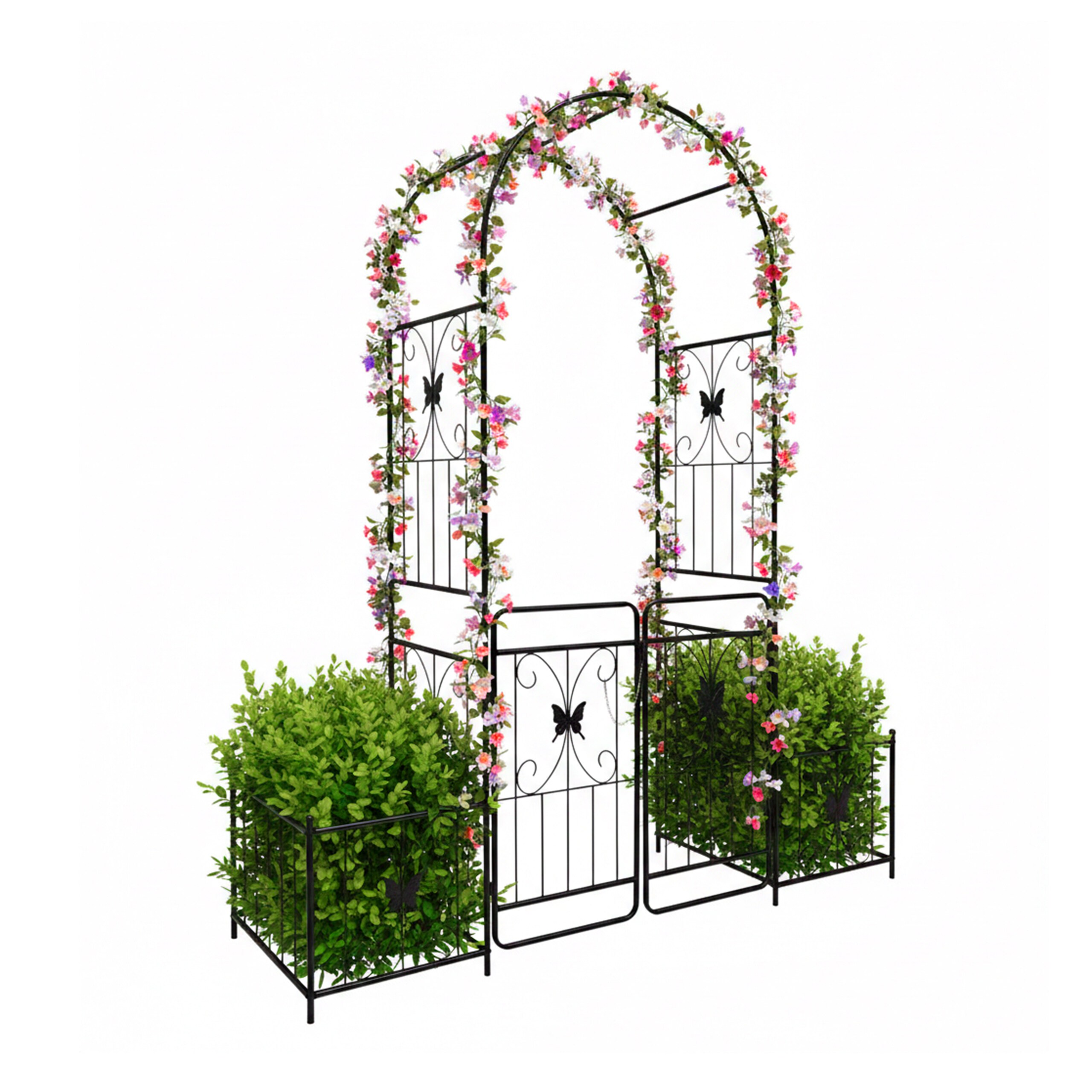 Image of Rose Arch With Double Gate, 2 Planters, Powder-coated Iron Arched , Black, 220 X 202 X 50 Cm, Opening 101 Cm, For Garden , , Courtyards, And Weddings, Trellis, Garden Portal, Relaxdays