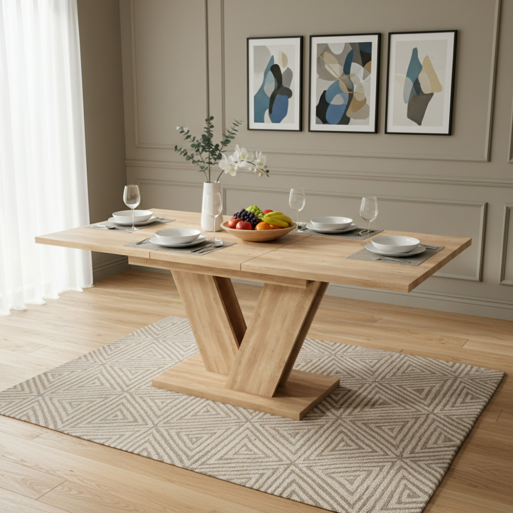 Image of Extendable Dining Table 140/180*80 Cm, Suitable For 4-6 People, Rectangular Dining Table, Thick Table Top, V-shaped Legs, , Extendable Dining Table, Oak Color