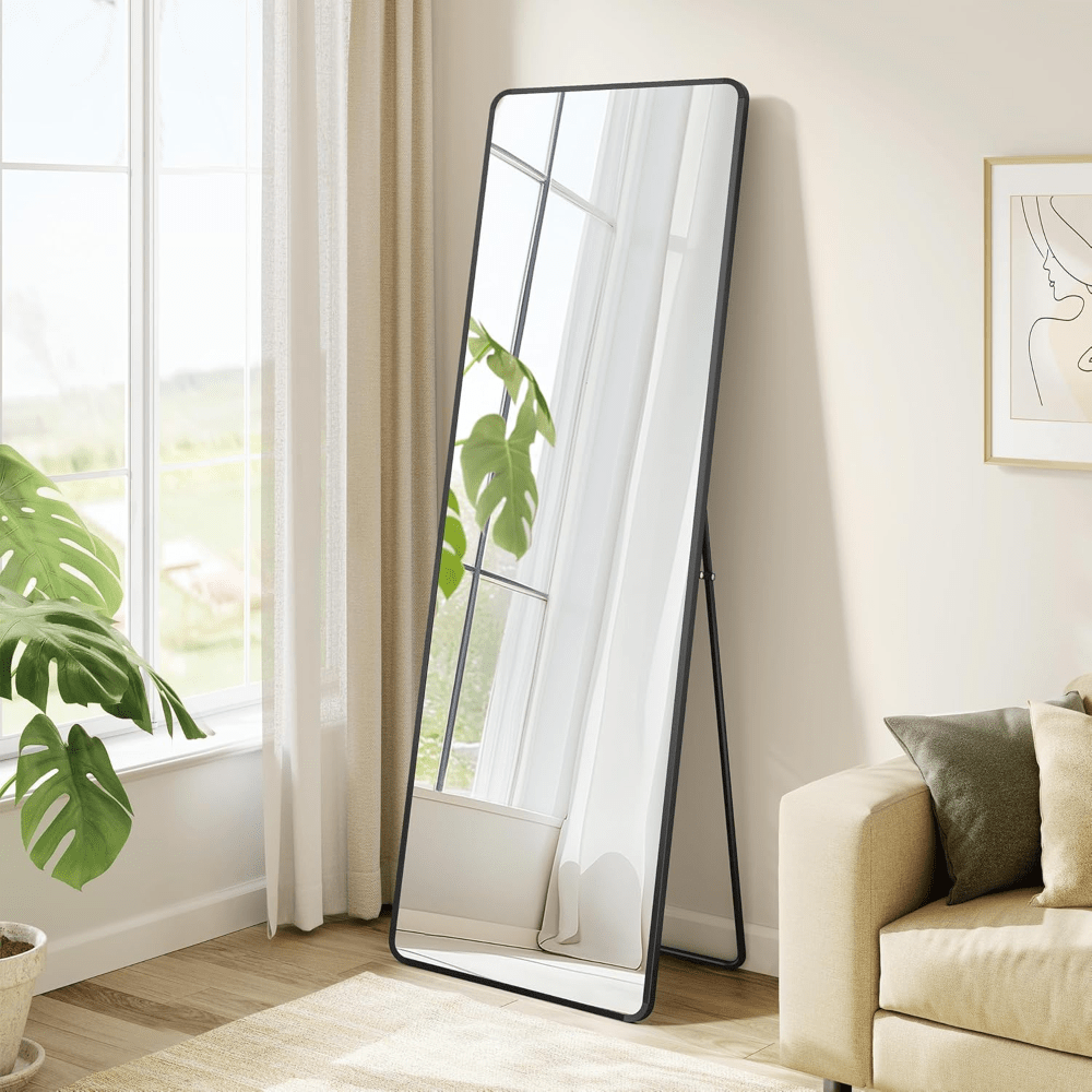 E-shop Ganzkörperspiegel, 150 x 40 cm, rechteckiger Standspiegel, Rahmen aus Aluminiumlegierung, Hartglas, für Schlafzimmer, Wohnzimmer, Garderobe