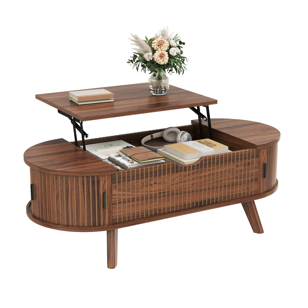Image of Living Room Table, Coffee Table, Lift-top Table, Sliding Doors At With Rails, Space-saving Design, Hidden Storage For Remote Controls And Board Games, Oval Shape With Vertical On The Front