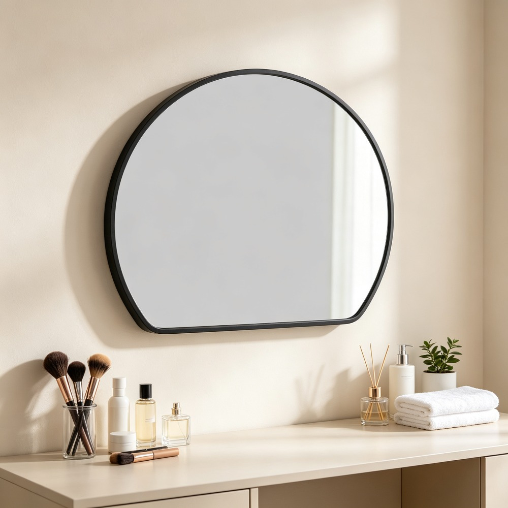 Half Moon Mirror, 50x42cm, Black Frame for Bathroom