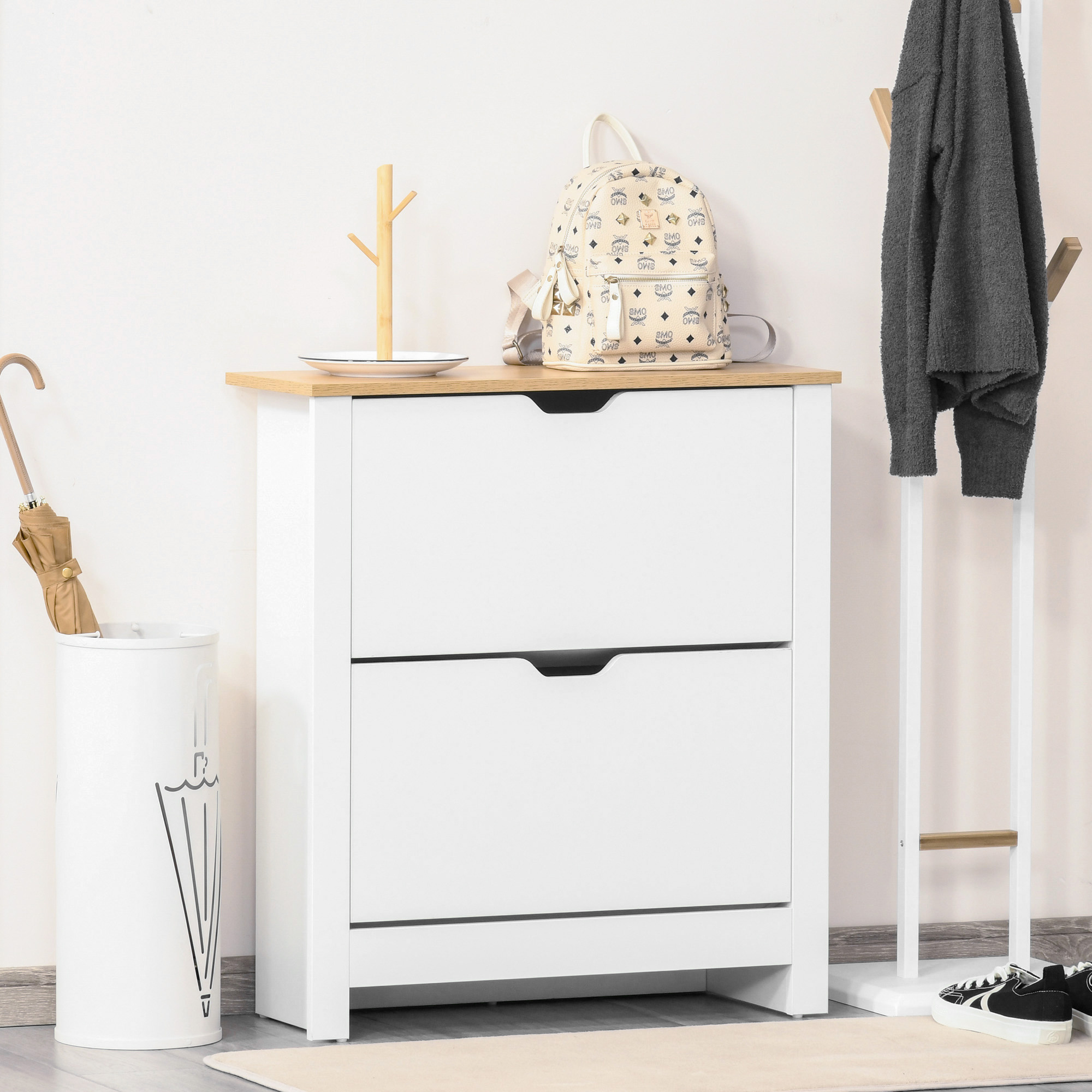 Image of Shoe Cabinet Shoe Kipper Shoe Rack With 2 Flaps For 12 Pairs Of Shoes Space- Shoe Stand For Hallway, Entrance Area White+natural 72 X 26 X 80 Cm