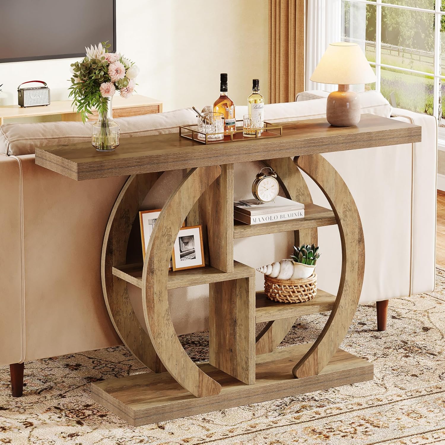 Image of Console Table 108 Cm, 4-tier Sofa Table Entrance Table With Circular Base, Wooden Accent Tables With Storage Shelves For Living Room, Hallway, Foyer, Light Oak Brown