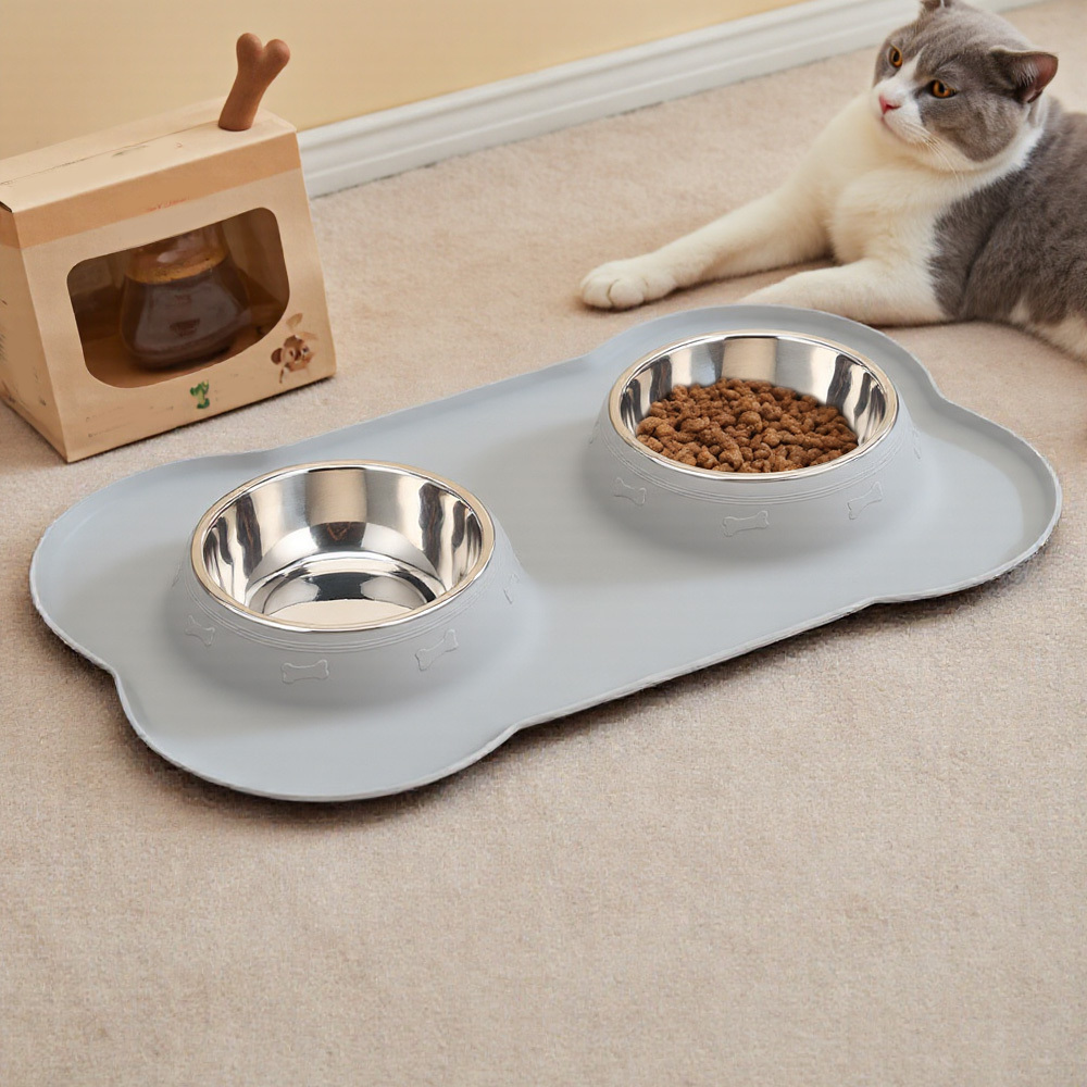 Double Dog and Cat Feeding Bowls with Non-Slip Bottom and Mat Tray