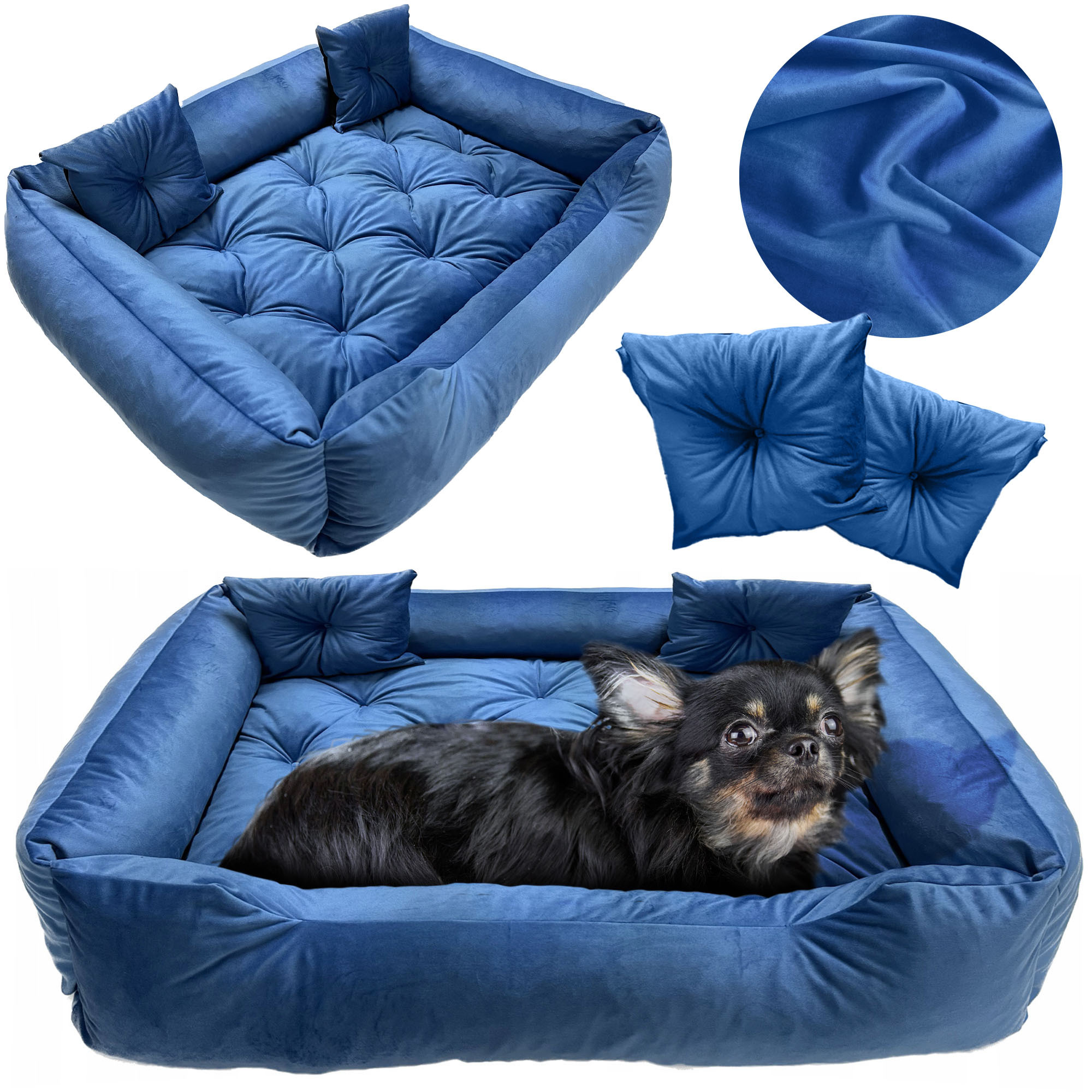 Dog Bed With A Velvet Cover 70x60 Cm In Blue, Quilted, Prestigious Bedding With An Elegant Design And Anti-slip Base Providing And Stability During Dog Rest.