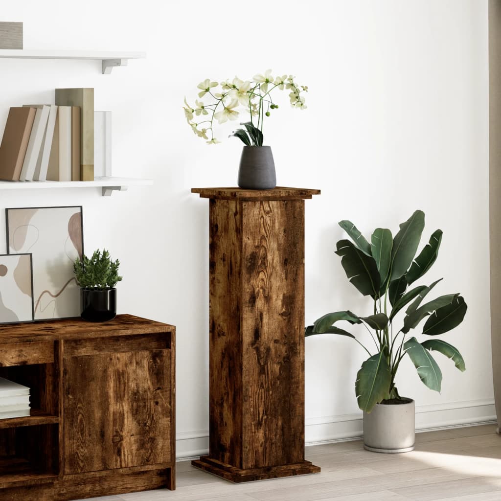 Image of Vidaxl Pedestal, Flower Stand With Storage Space, Decorative Column Base For Living Room, Flower Column Pedestal Base Decor, Smoked Oak Wood Material