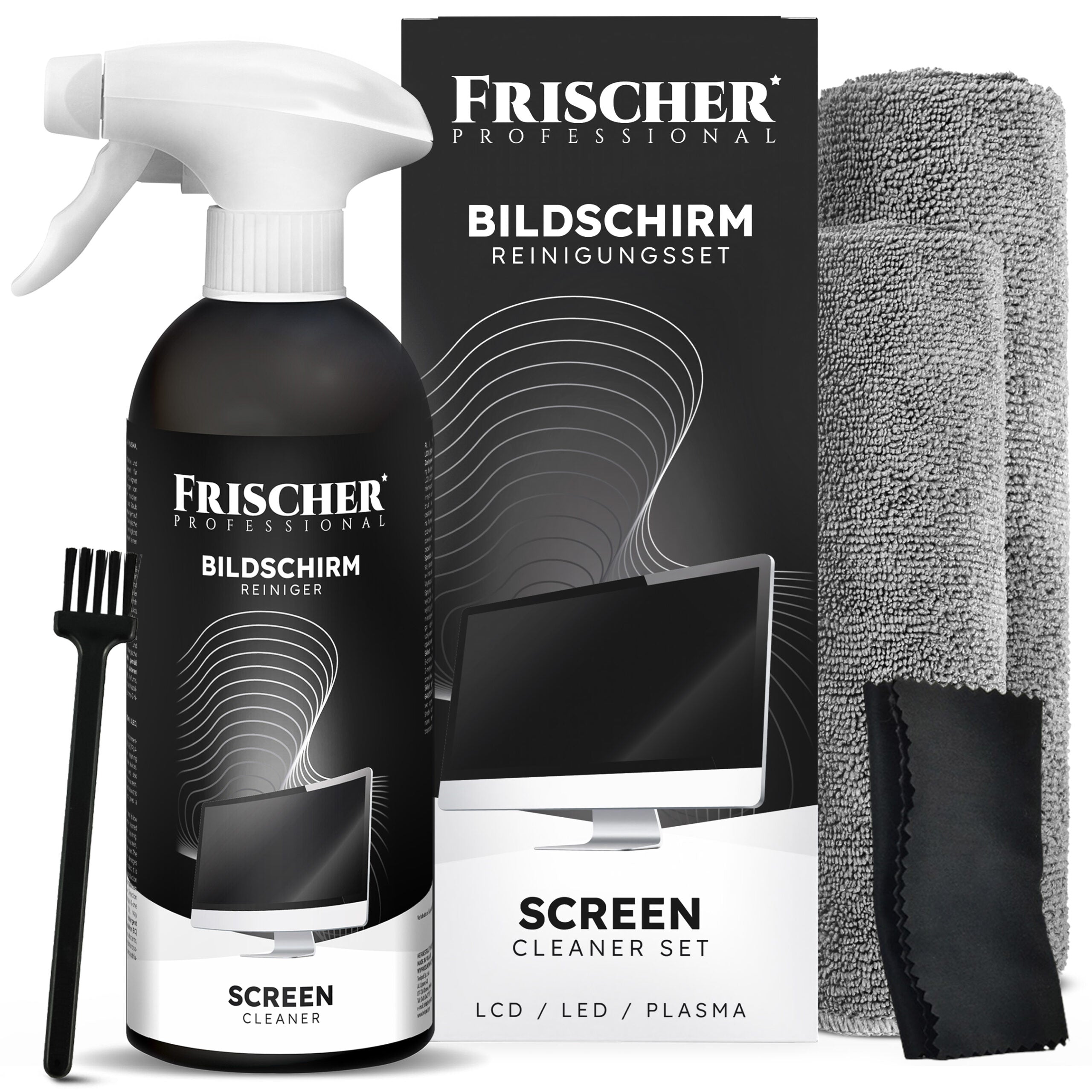 E-shop Reinigungslösung für TV-, LCD-, LED-, OLED-Bildschirme – Set + 3x Mikrofasertücher + Bürste