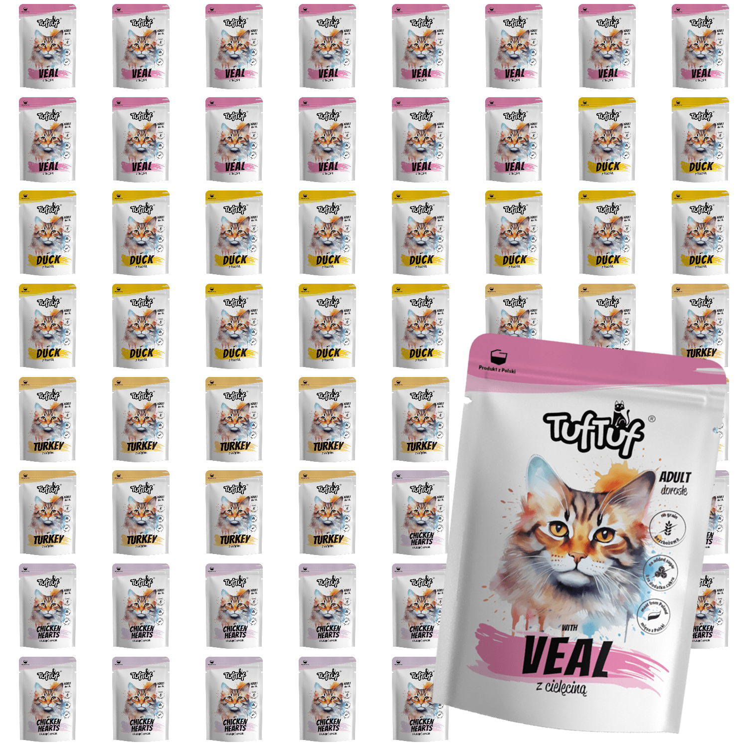 Set Of 60 Wet Food Pouches For Cats, Meat Mix With Of Flavors: Veal, Duck, Turkey, And Chicken Hearts, For Your Pet, 6kg Of Food In 100g , Perfect For Adult Cats Of All Breeds, High-quality Meat