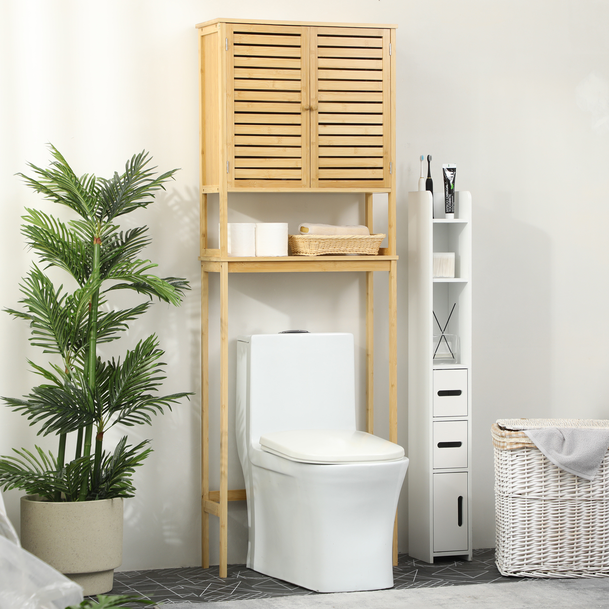 TEMU HOMCOM kleankin Meuble de salle de bain Étagère WC, Étagère de toilettes avec placard 2 portes et étagère ouverte 60 x 173 cm en bambou, à