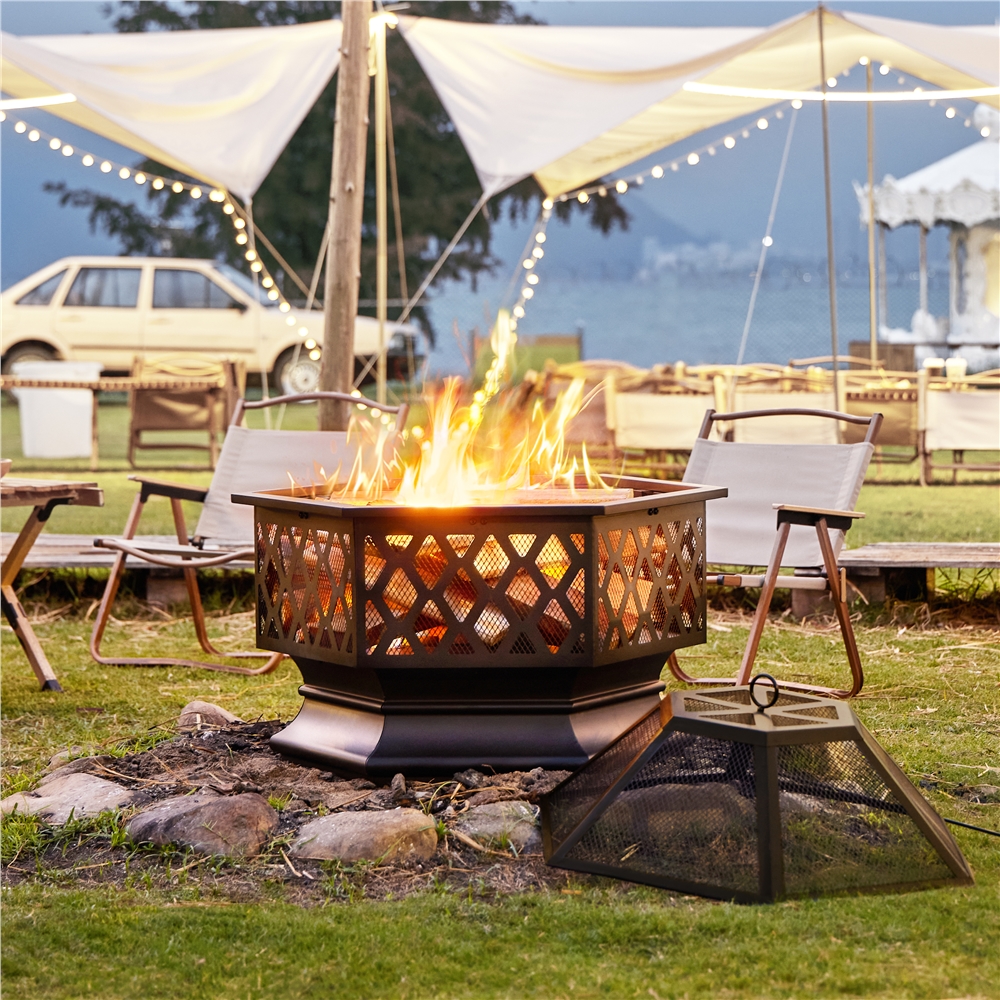 TEMU Costoffs Hex-shaped Fire Pit Outdoor Hexagon Fire Pit Table With Spark Screen & Fire For Yard Porch Patio