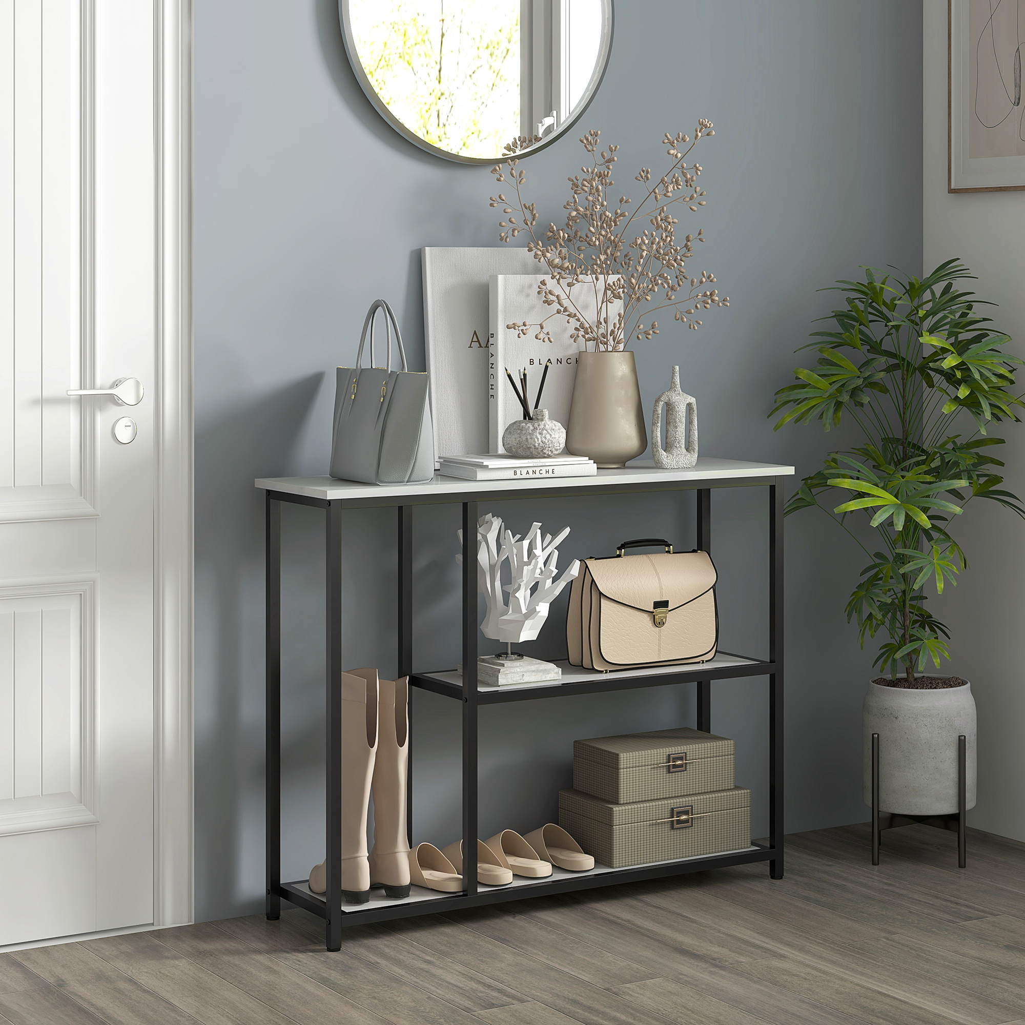 Image of Console Table, 2-tier Side Table, Floor-standing Shelf, Side Table, Coffee Table With Tilt Protection For Living Room, Hallway, Steel, White, X 30 X 80 Cm