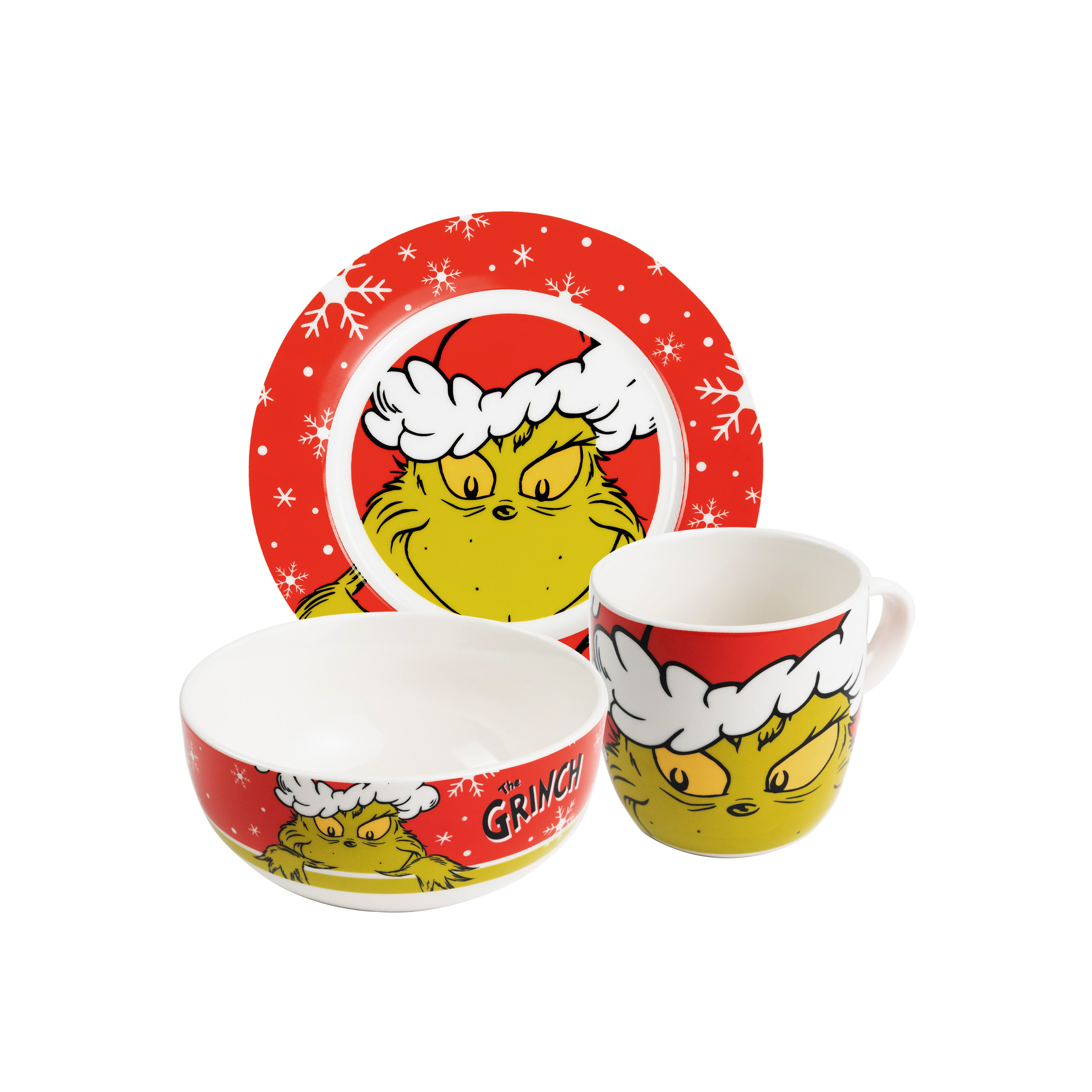 Image of The Breakfast Set - Merry Grinchmas Dish Set 3pcs Plate, Bowl & Cup Made Of Porcelain Red