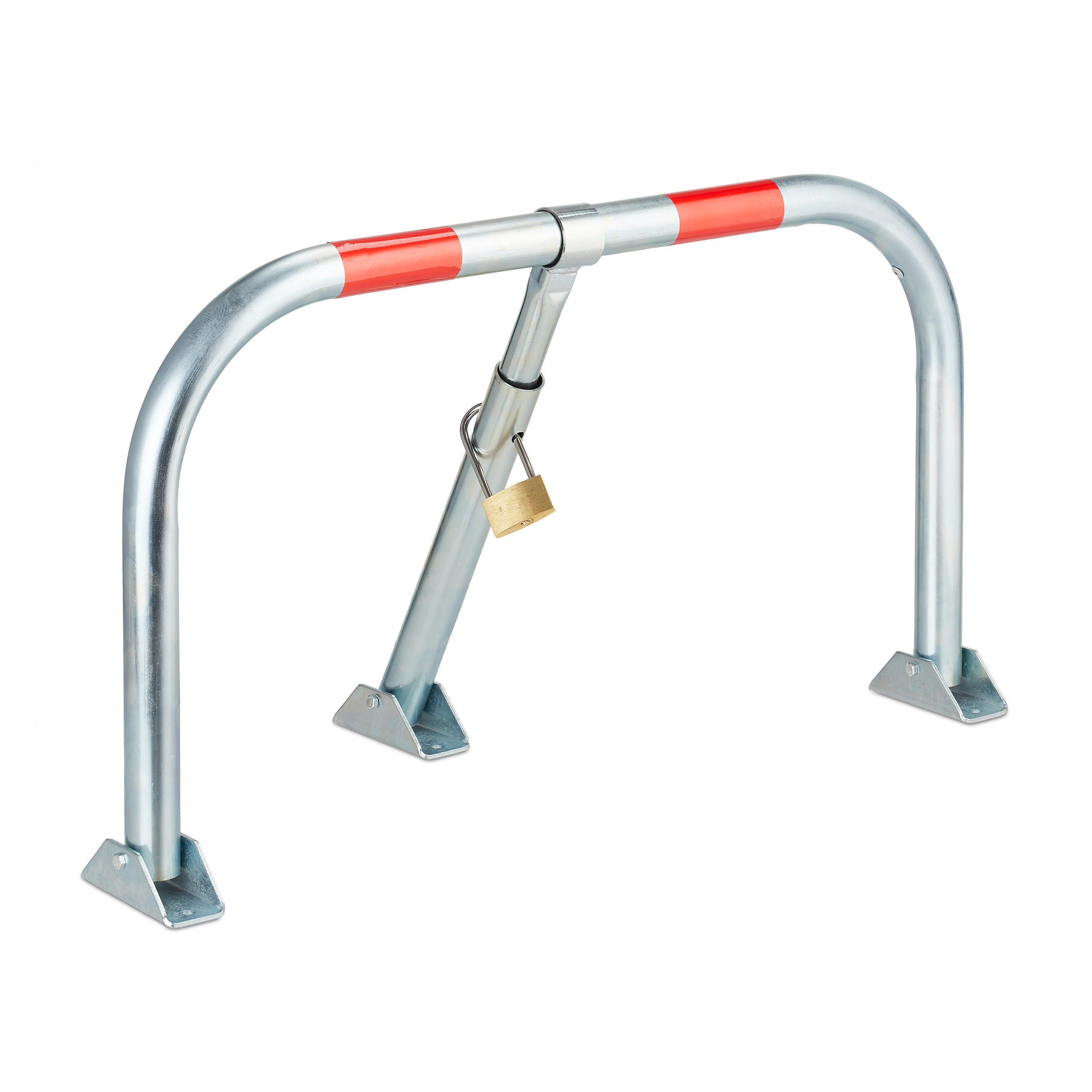 TEMU Barrière de parking pliable, 45 x 76 x 32 cm, acier galvanisé, argenté et rouge, 2 bandes réfléchissantes rouges, cadenas avec 3 clés, matériel