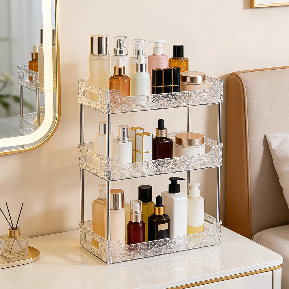 TEMU 3-tier Bathroom Storage Shelf With Transparent Pattern, Vanity Organizer For Cosmetics And Toiletries On Countertop, Practical Corner Storage